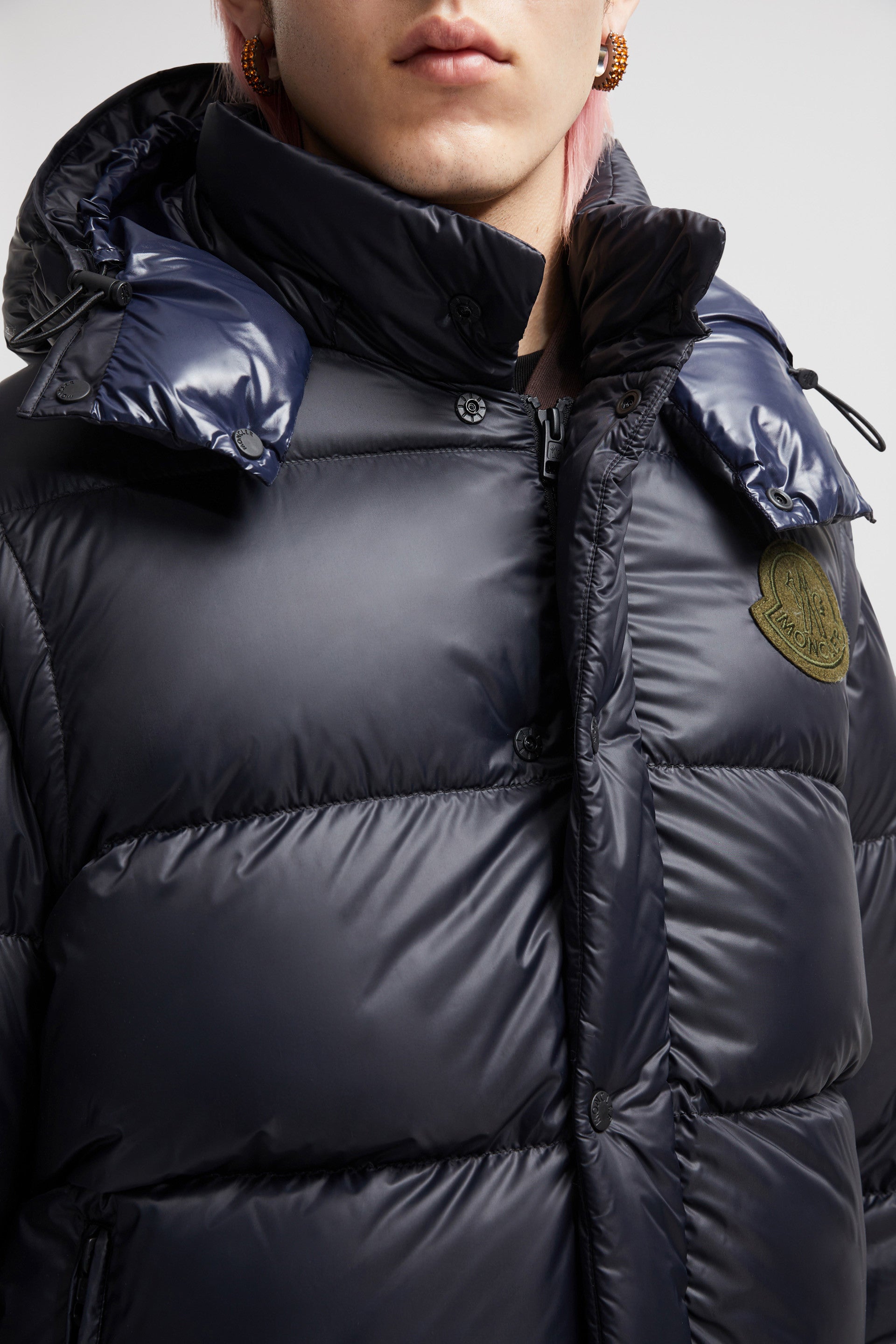 luxury down jacket, 2-in-1 jacket, Moncler Autumn-Winter 2024, blue-grey jacket, high collar removable sleeves