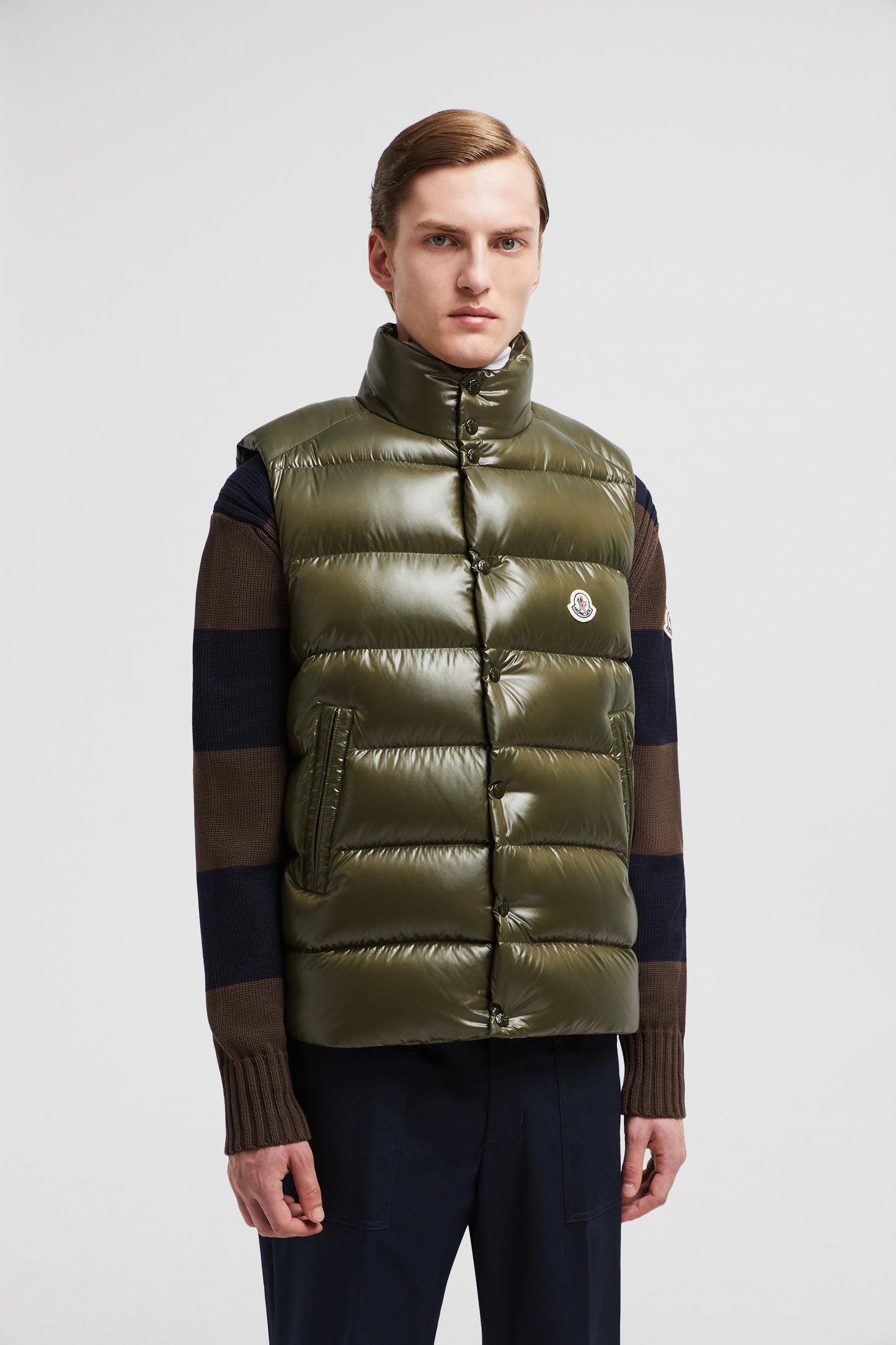 Moncler down jacket, sleeveless jacket, khaki jacket, luxury outerwear, fall-winter fashion