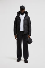 Moncler, puffer jacket, black nylon jacket, winter fashion, luxury outerwear