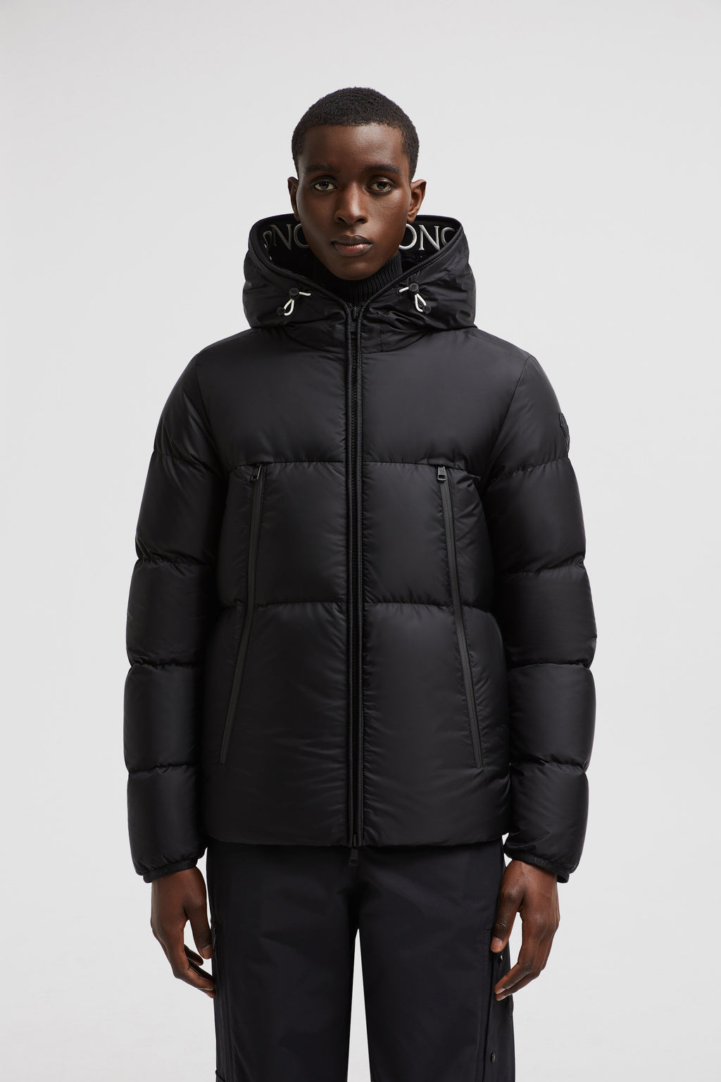 Moncler, puffer jacket, black nylon jacket, winter fashion, luxury outerwear