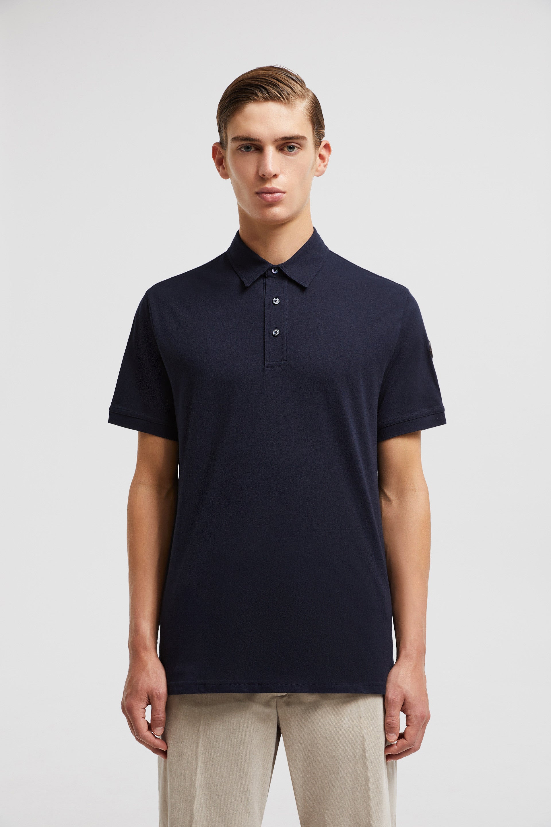 Moncler polo, navy blue polo, luxury polo shirt, cotton piqué polo, classic collar shirt