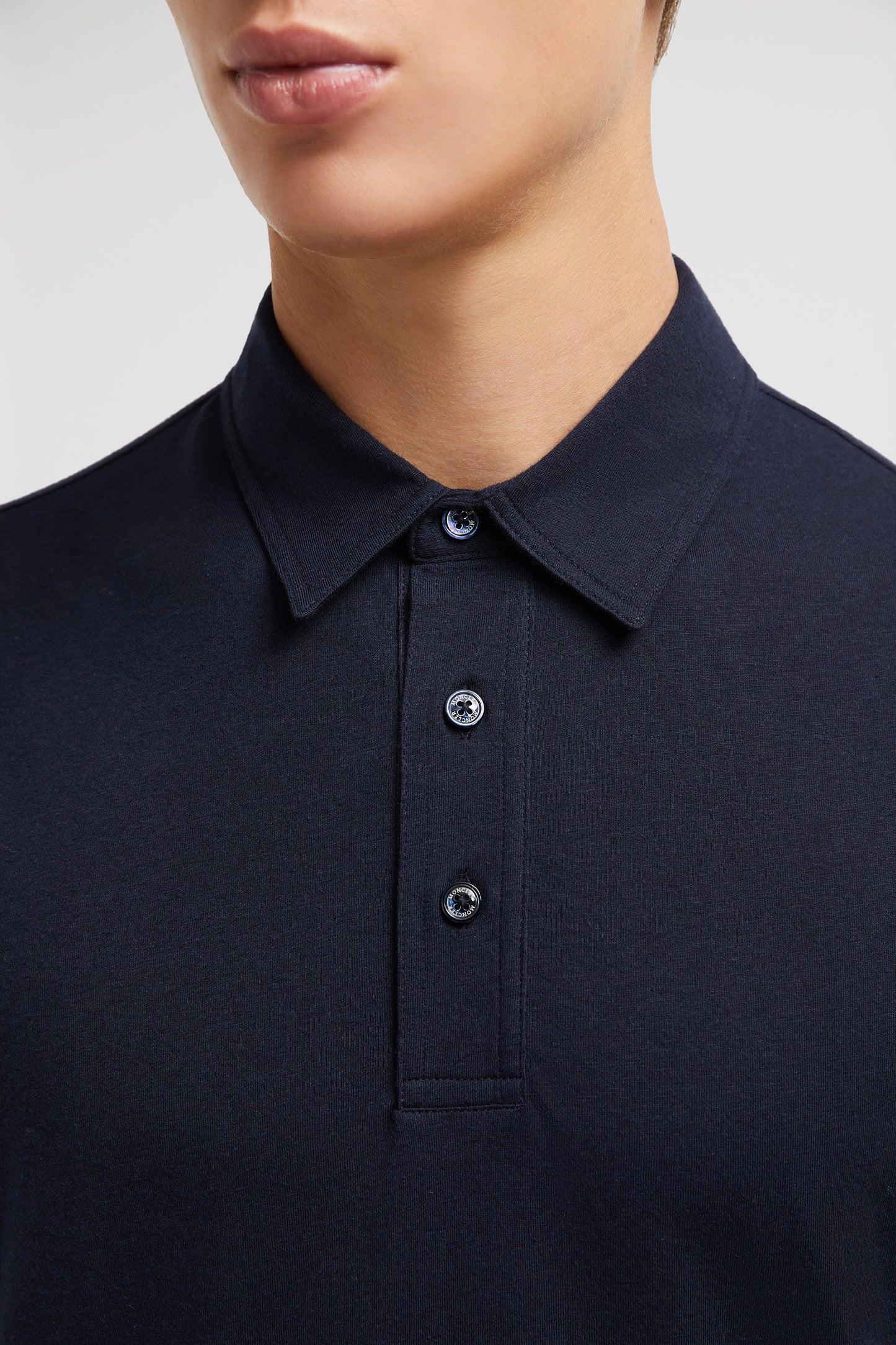 Moncler polo, navy blue polo, luxury polo shirt, cotton piqué polo, classic collar shirt