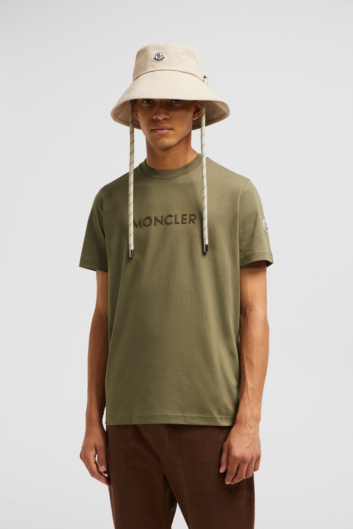 Khaki T-shirt, Moncler T-shirt, Organic Cotton Tee, Luxury Casual Wear, Sophisticated Logo Top