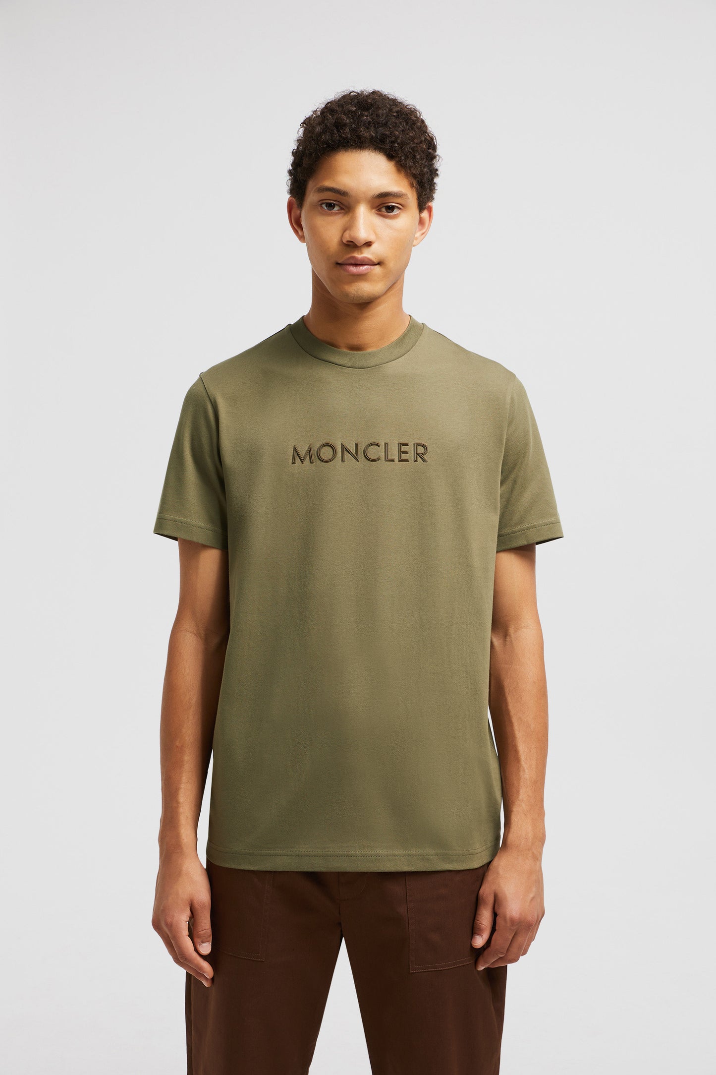 Khaki T-shirt, Moncler T-shirt, Organic Cotton Tee, Luxury Casual Wear, Sophisticated Logo Top