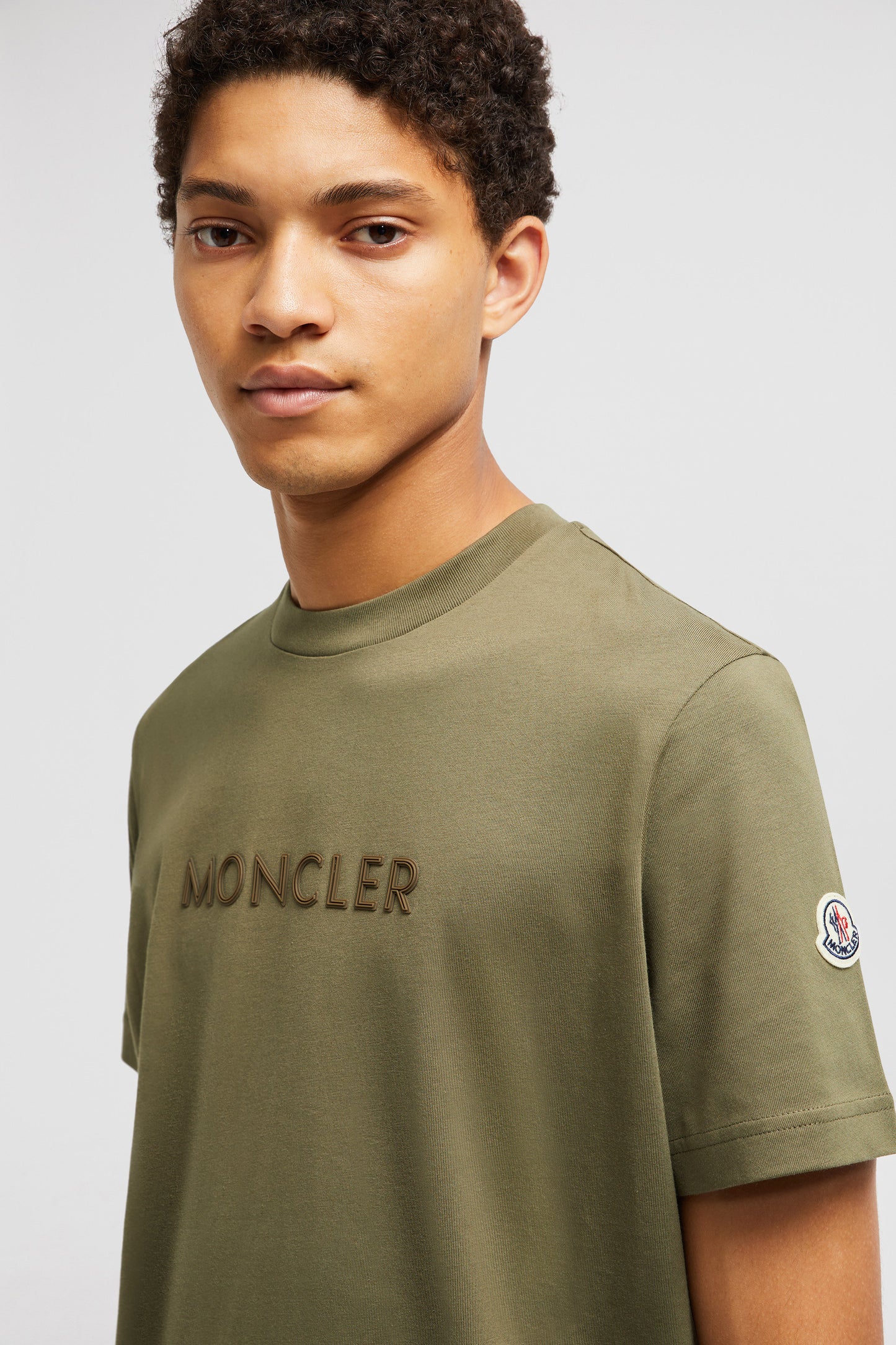 Khaki T-shirt, Moncler T-shirt, Organic Cotton Tee, Luxury Casual Wear, Sophisticated Logo Top