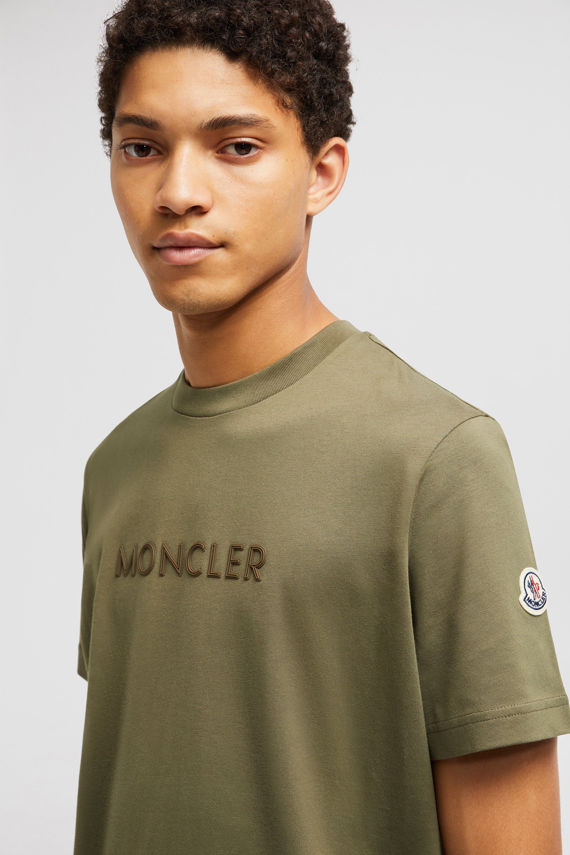 Khaki T-shirt, Moncler T-shirt, Organic Cotton Tee, Luxury Casual Wear, Sophisticated Logo Top