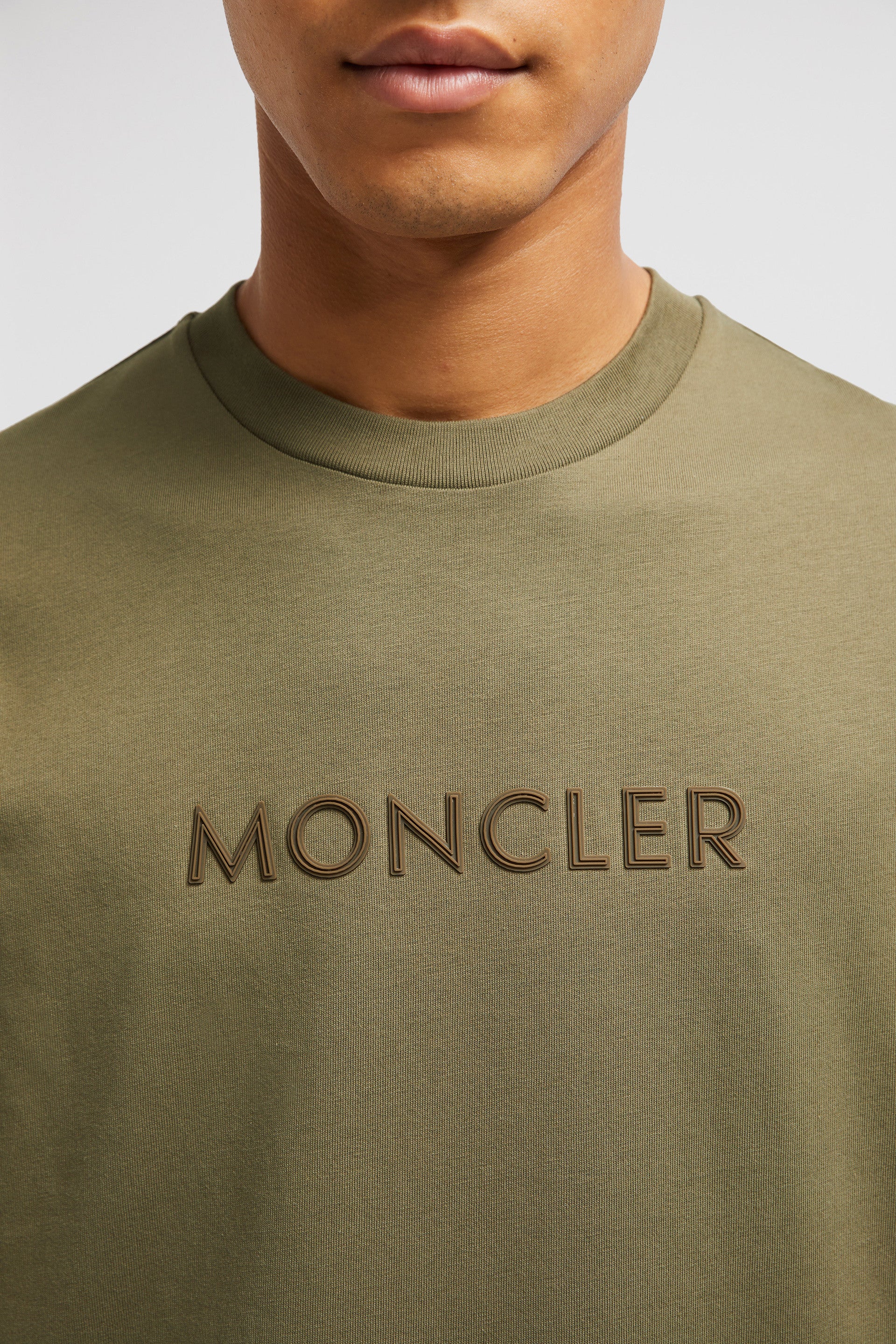 Khaki T-shirt, Moncler T-shirt, Organic Cotton Tee, Luxury Casual Wear, Sophisticated Logo Top