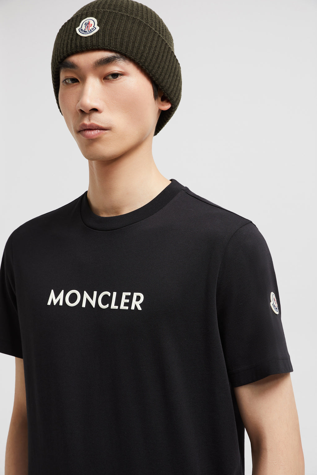 Moncler T-shirt, black logo shirt, organic cotton, luxury menswear, 2024 collection