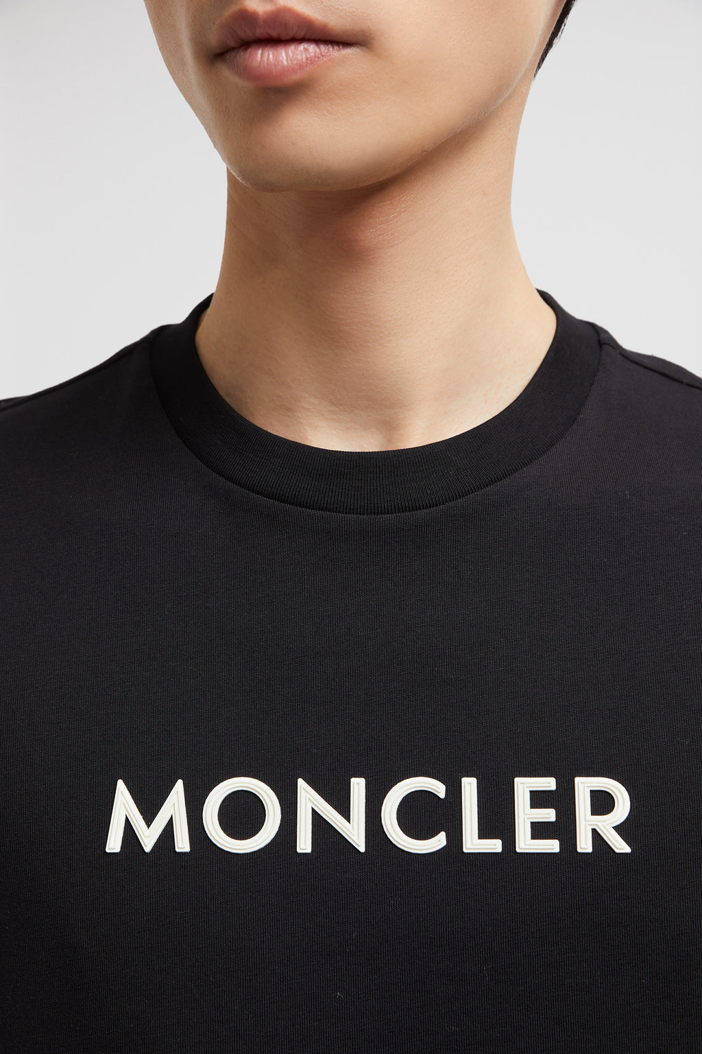 Moncler T-shirt, black logo shirt, organic cotton, luxury menswear, 2024 collection