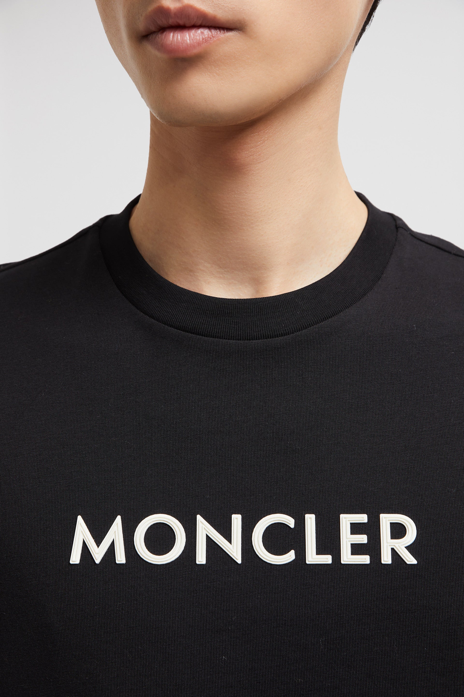 Moncler T-shirt, black logo shirt, organic cotton, luxury menswear, 2024 collection