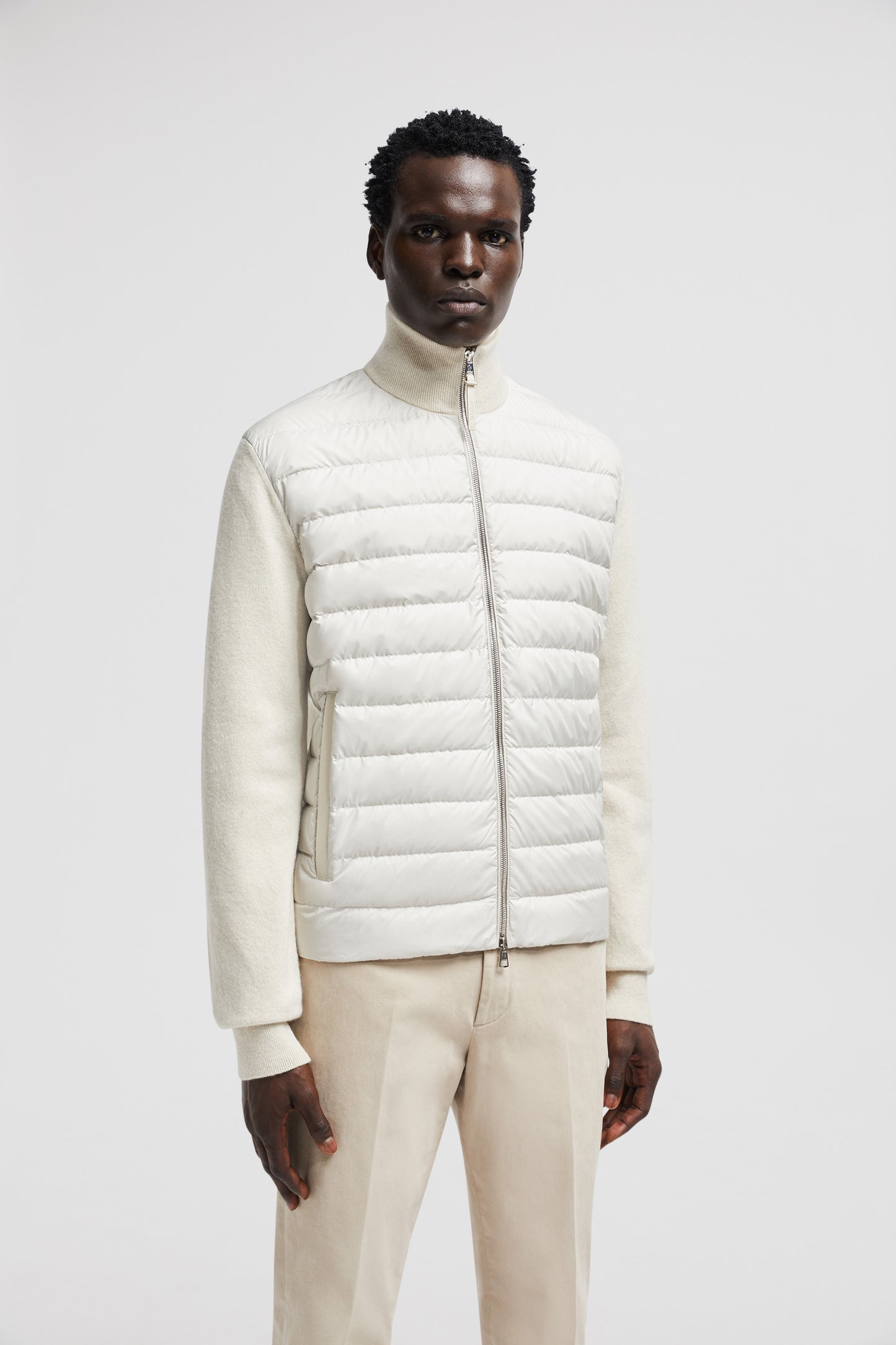 beige wool-cashmere jacket, Moncler Autumn-Winter 2024, luxury outerwear, high collar jacket, bi-material jacket