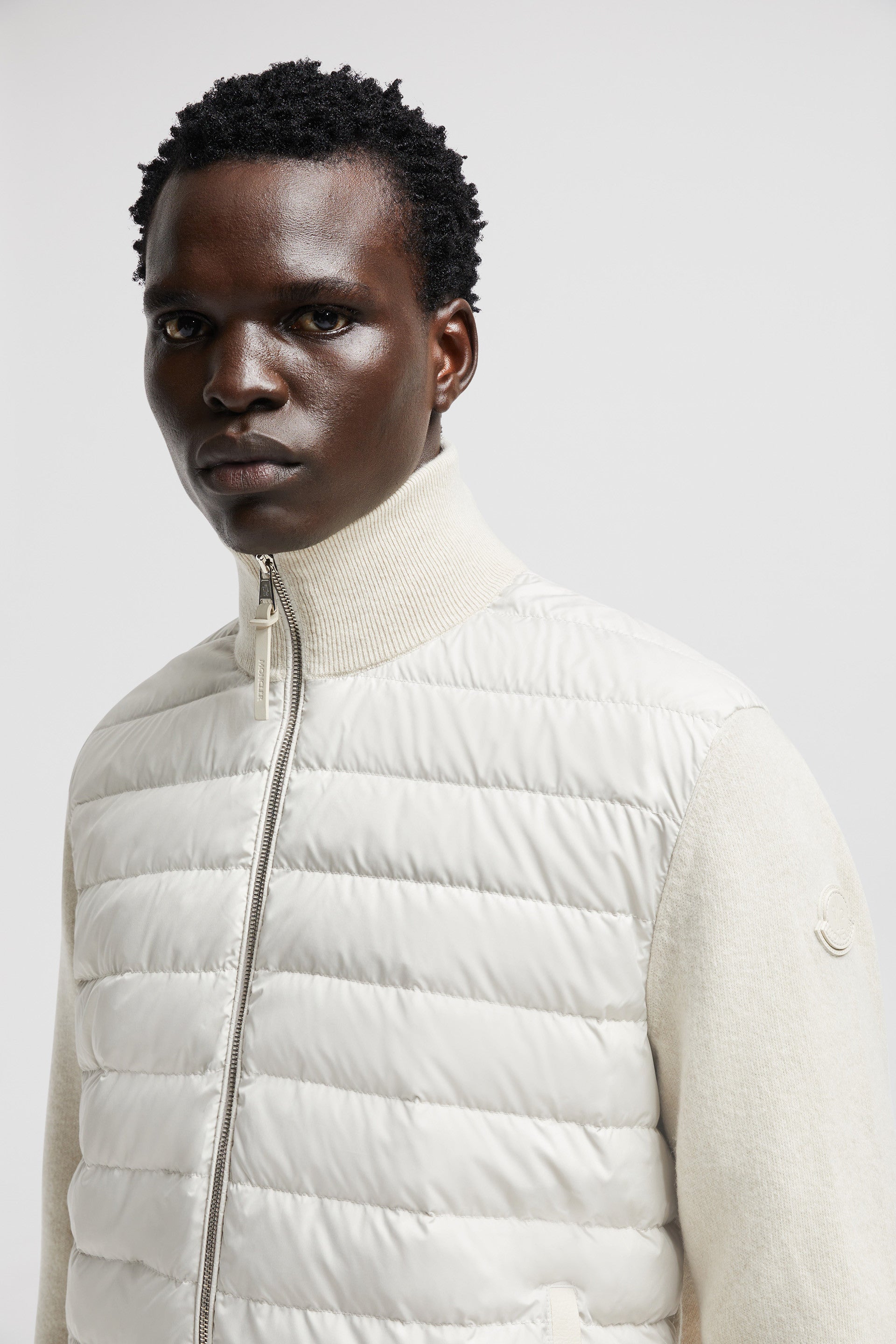 beige wool-cashmere jacket, Moncler Autumn-Winter 2024, luxury outerwear, high collar jacket, bi-material jacket