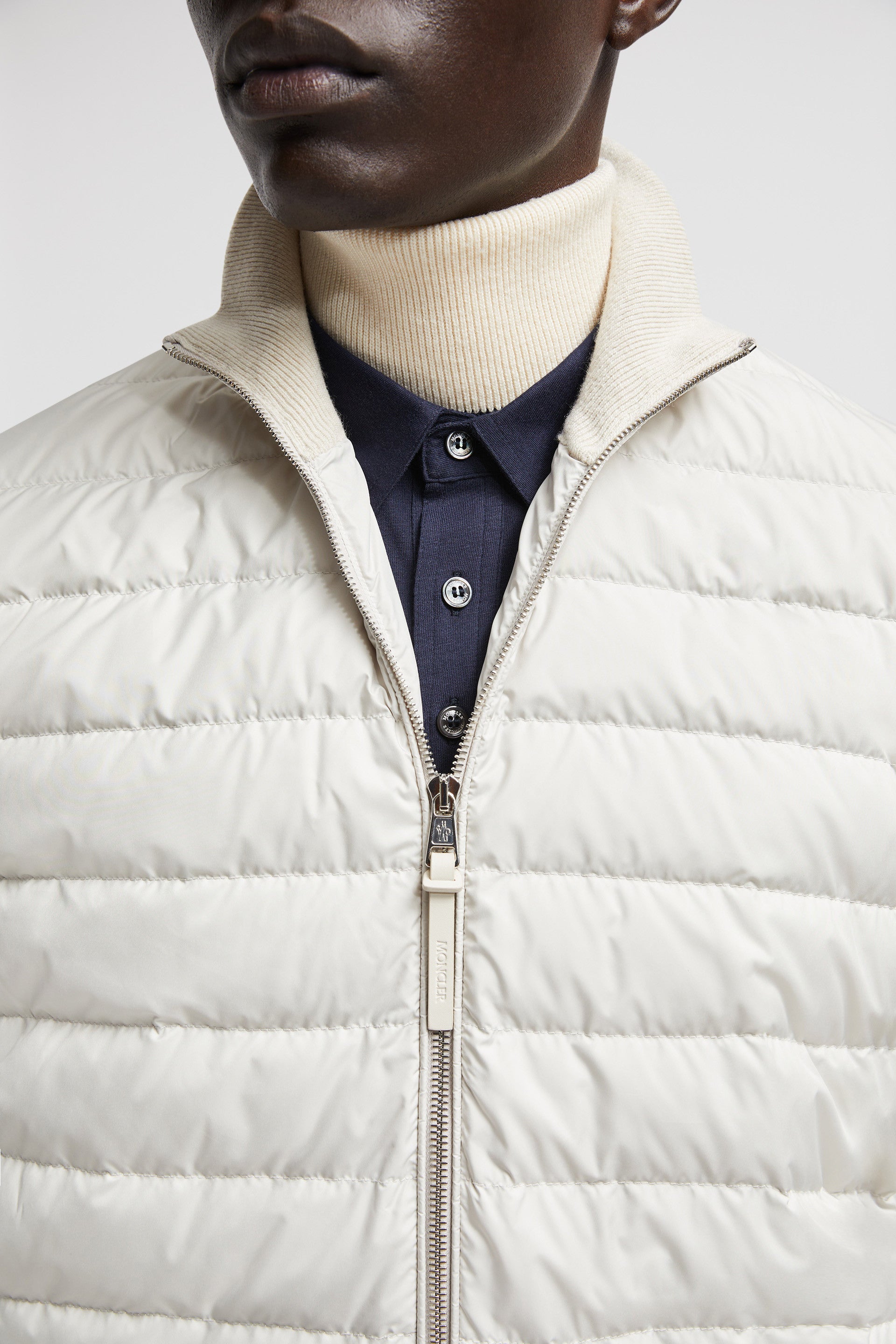 beige wool-cashmere jacket, Moncler Autumn-Winter 2024, luxury outerwear, high collar jacket, bi-material jacket