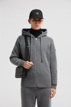 luxury cardigan, wool cashmere blend, zipped cardigan, grey cardigan, Moncler collection