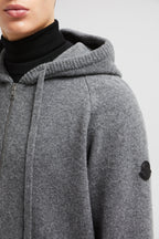 luxury cardigan, wool cashmere blend, zipped cardigan, grey cardigan, Moncler collection