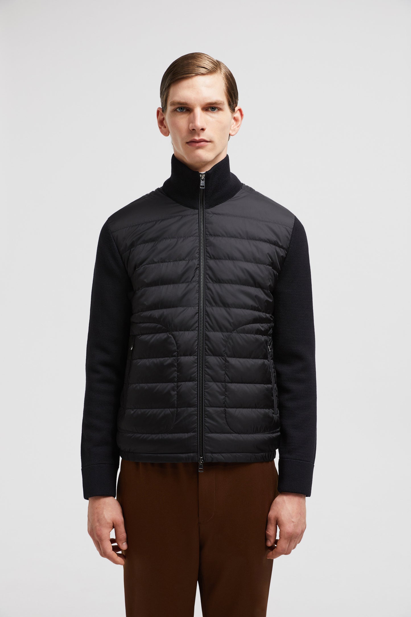 Moncler jacket, black bi-material jacket, luxury men's jacket, Autumn-Winter 2024, nylon wool jacket