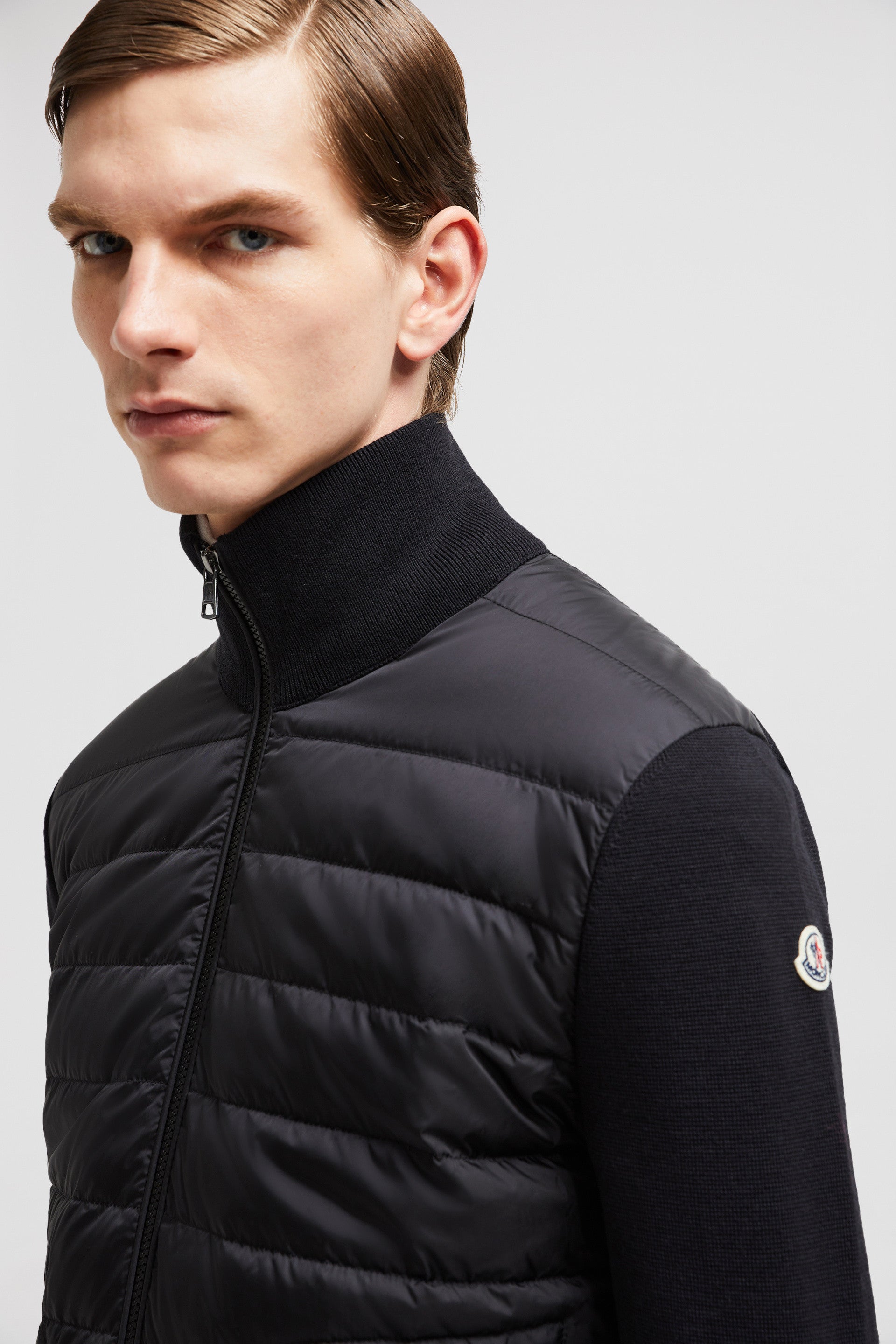 Moncler jacket, black bi-material jacket, luxury men's jacket, Autumn-Winter 2024, nylon wool jacket