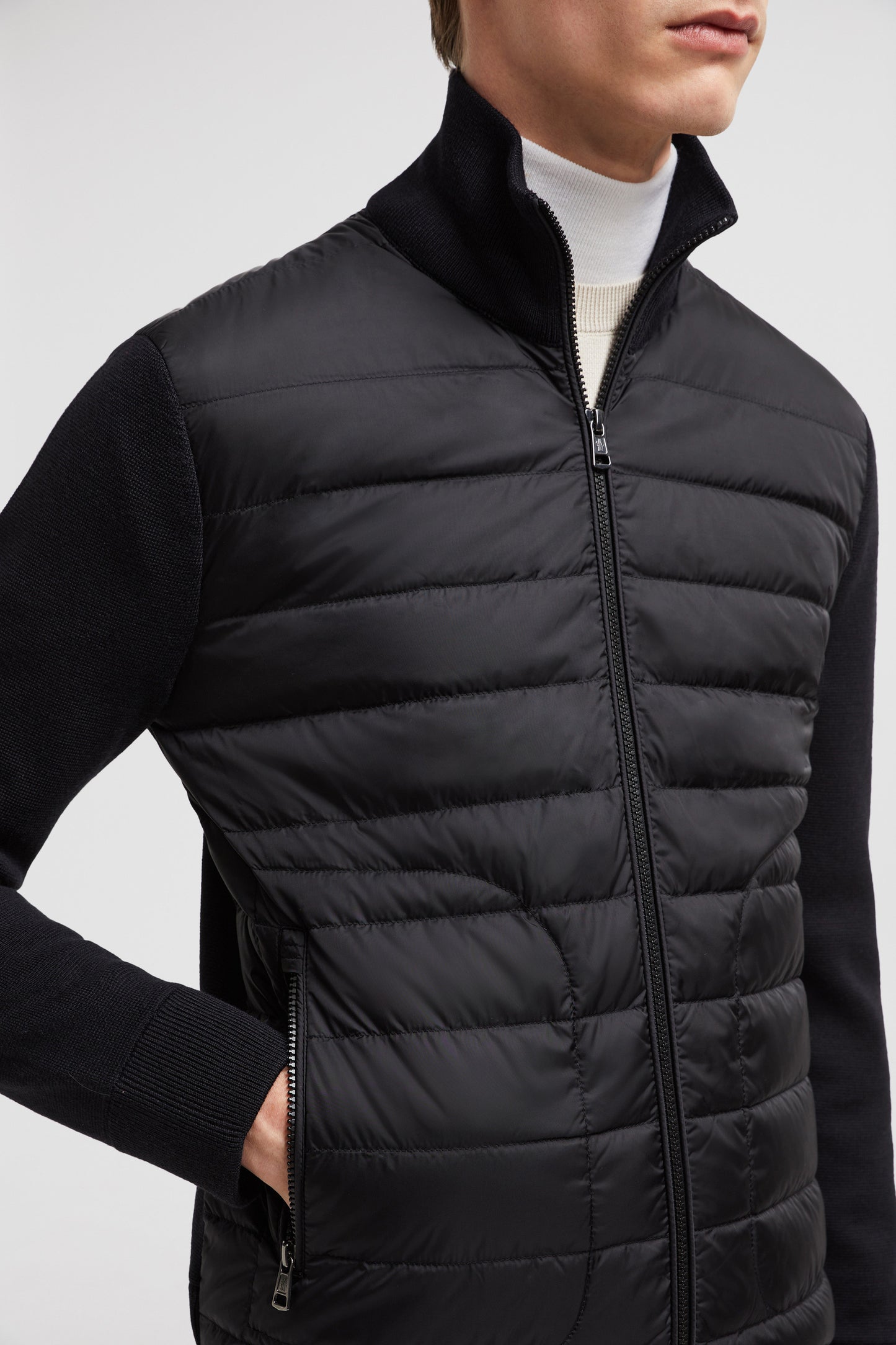 Moncler jacket, black bi-material jacket, luxury men's jacket, Autumn-Winter 2024, nylon wool jacket