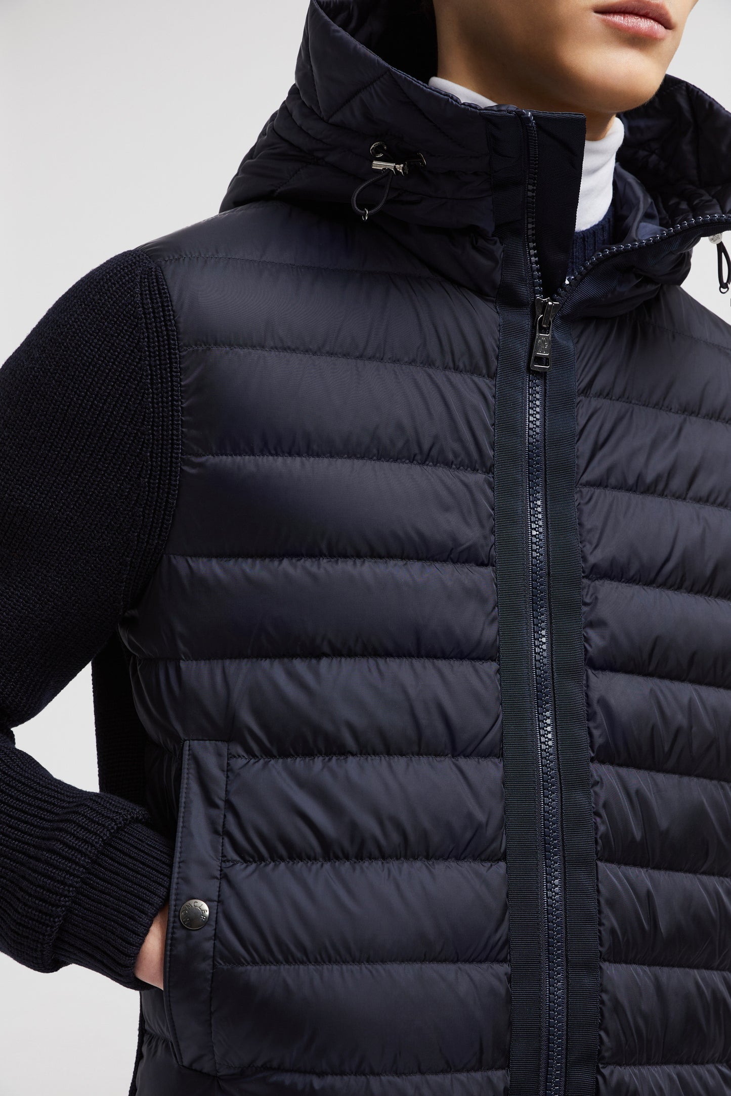 Moncler jacket, bi-material jacket, navy blue jacket, luxury outerwear, Autumn-Winter 2024