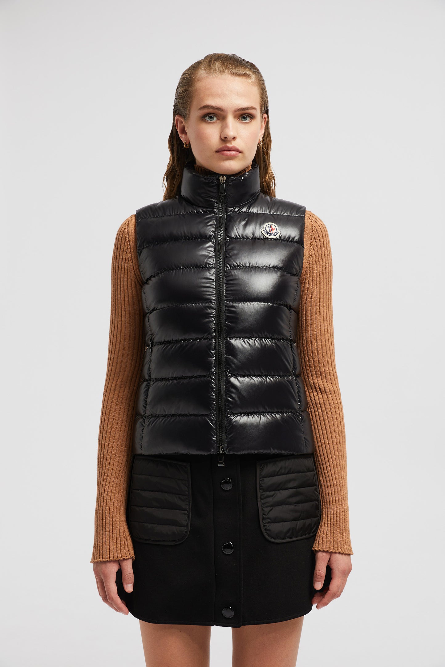 luxury puffer, sleeveless jacket, Moncler outerwear, black nylon puffer, high collar jacket