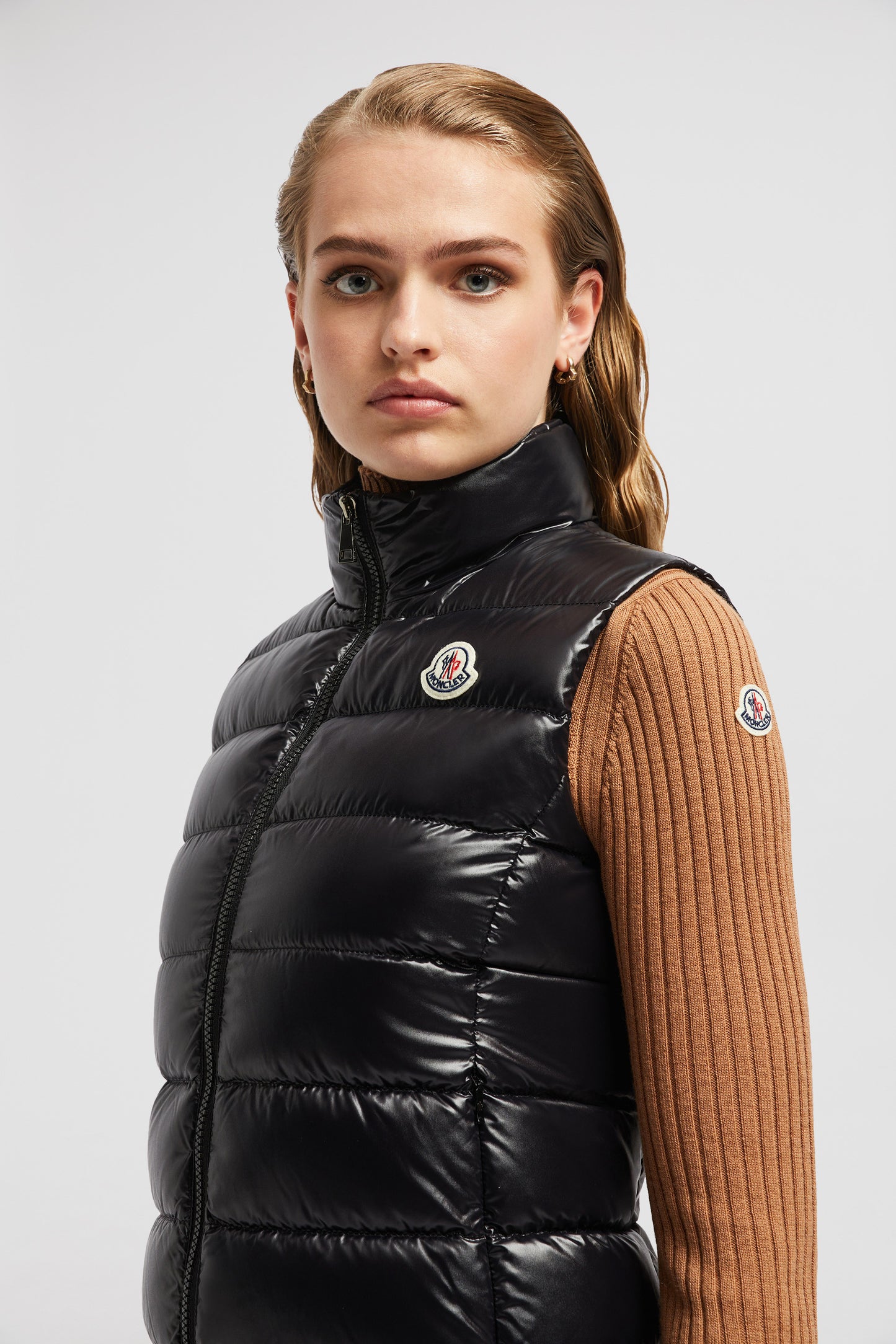 luxury puffer, sleeveless jacket, Moncler outerwear, black nylon puffer, high collar jacket