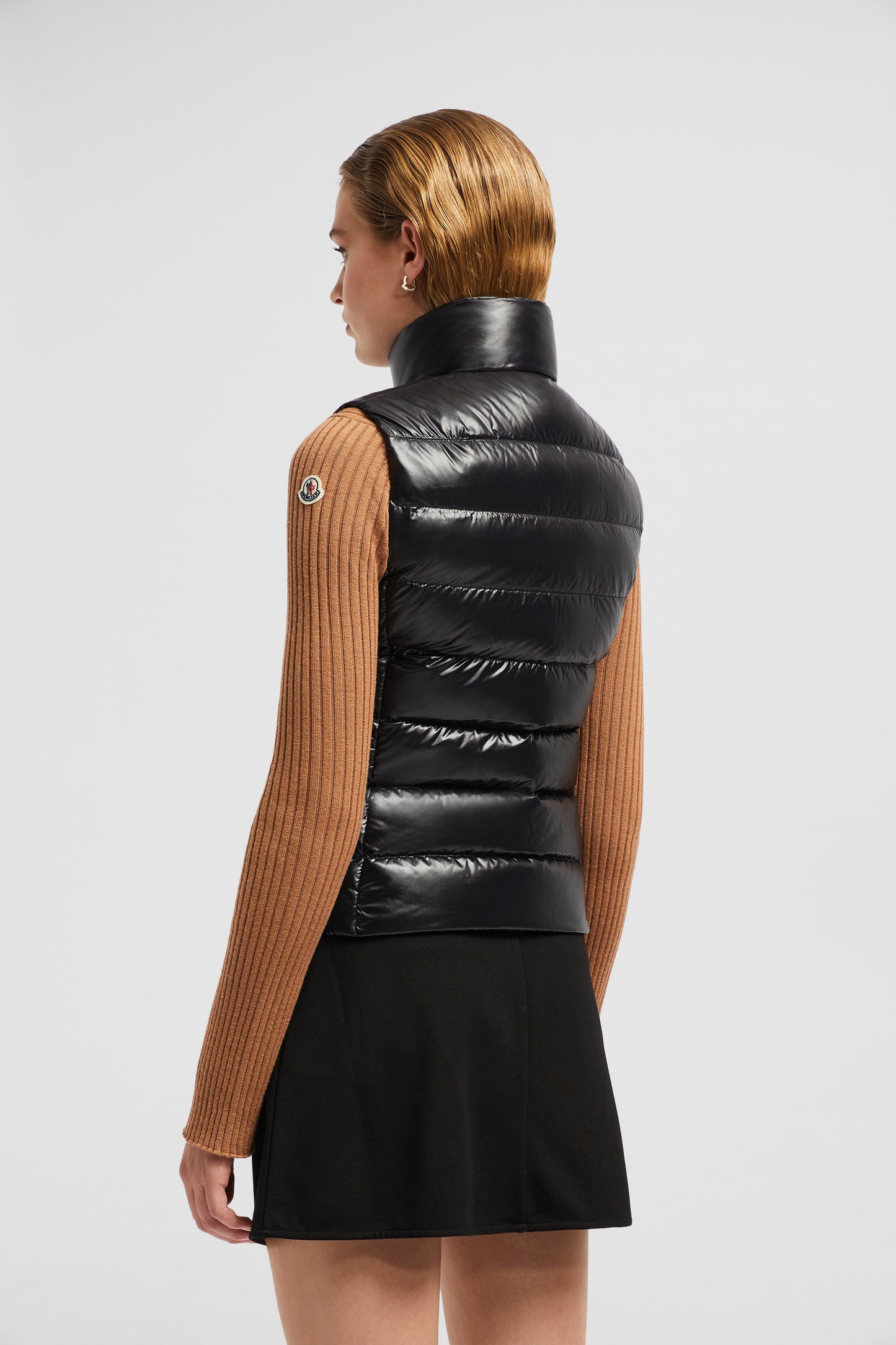 luxury puffer, sleeveless jacket, Moncler outerwear, black nylon puffer, high collar jacket