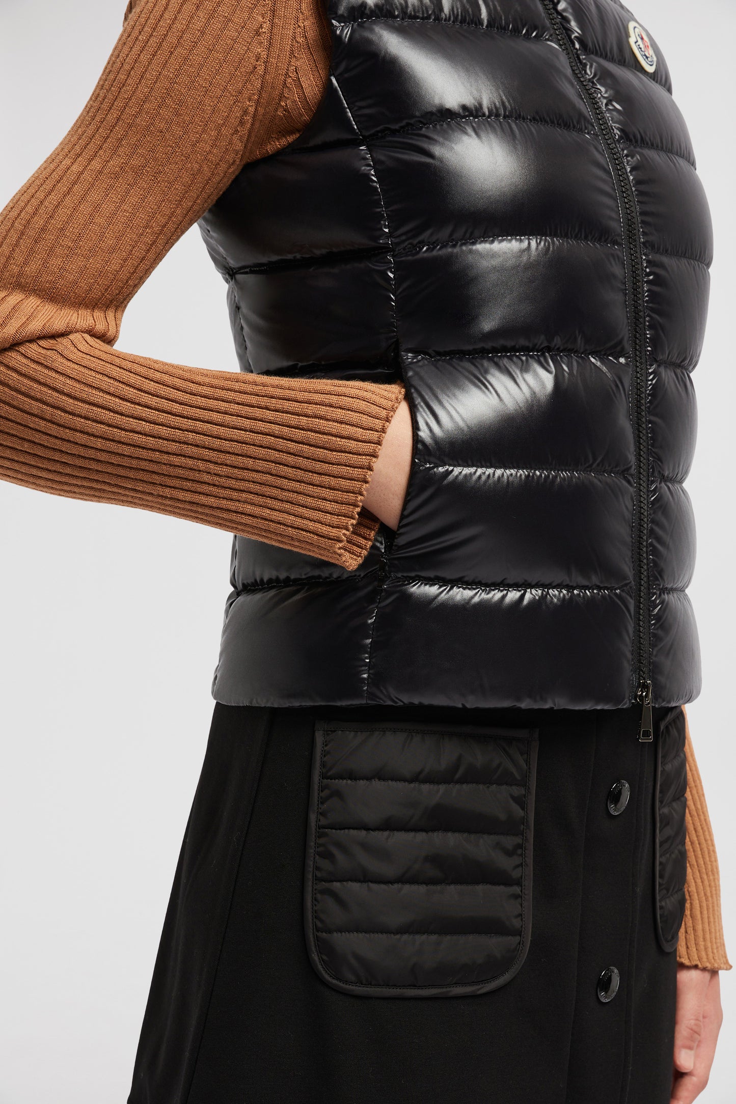 luxury puffer, sleeveless jacket, Moncler outerwear, black nylon puffer, high collar jacket