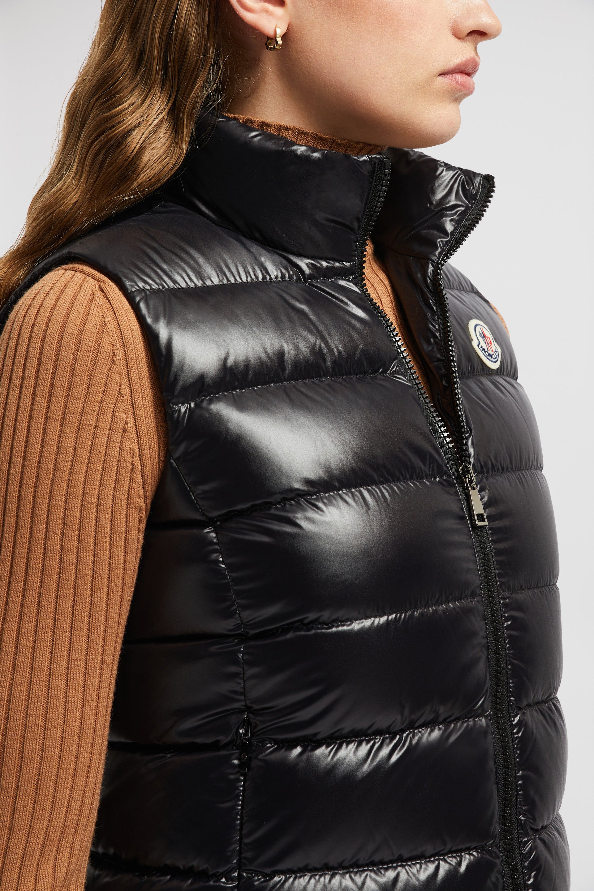 luxury puffer, sleeveless jacket, Moncler outerwear, black nylon puffer, high collar jacket