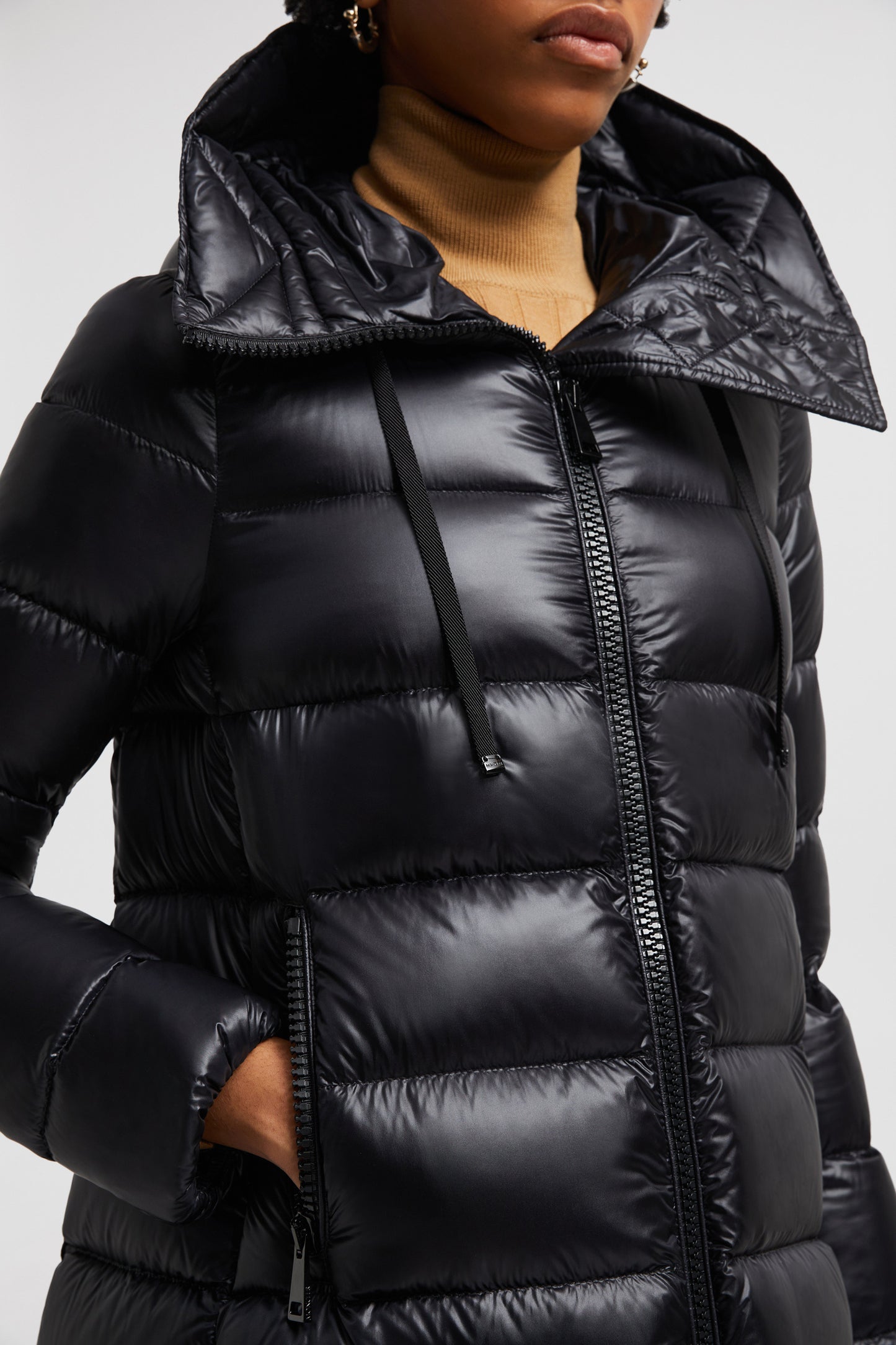 Moncler jacket, quilted jacket, long jacket, black jacket, luxury outerwear