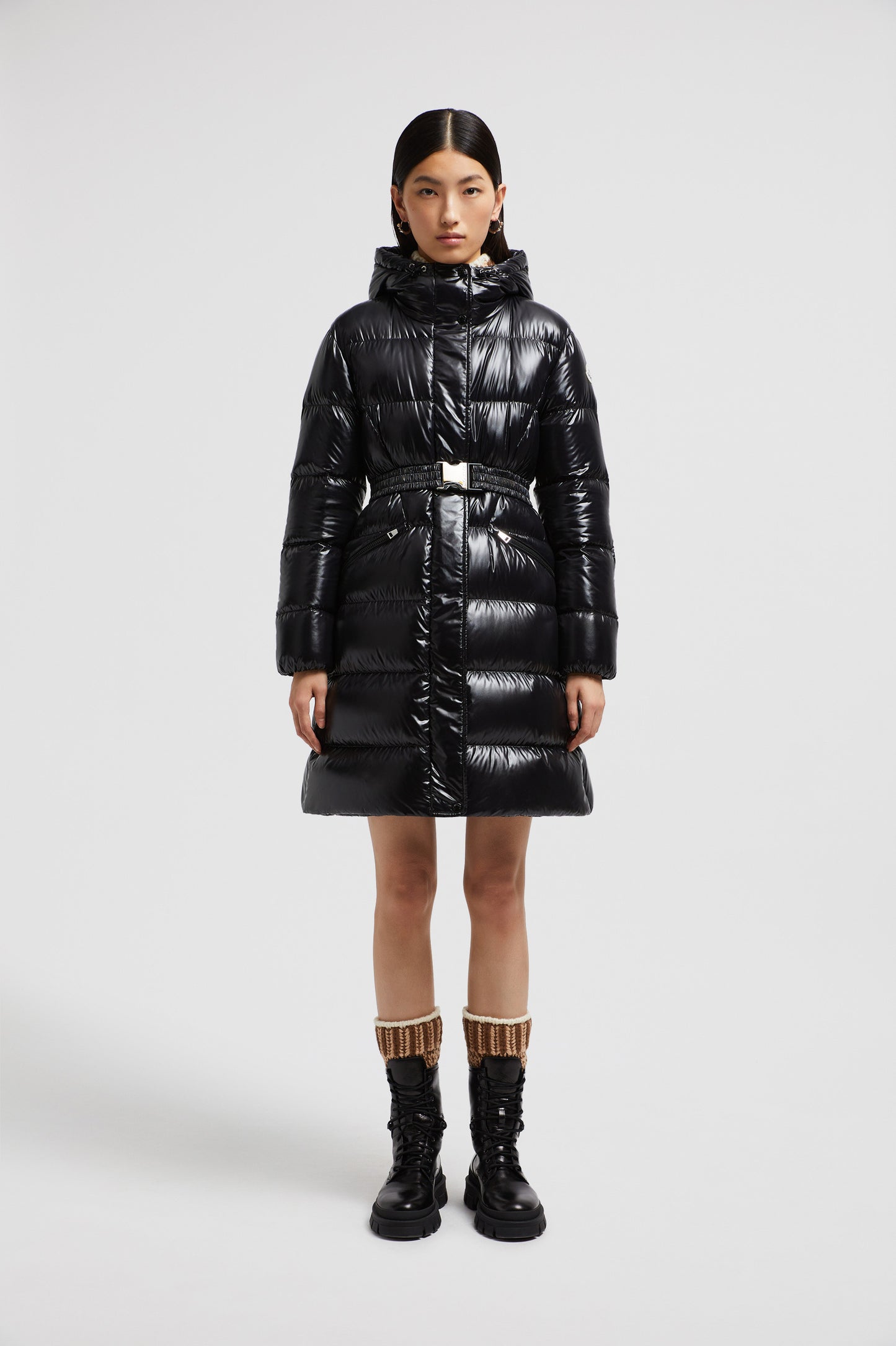 Bellevue puffer coat, Moncler black coat, luxury outerwear, winter fashion 2024, high-shine nylon coat