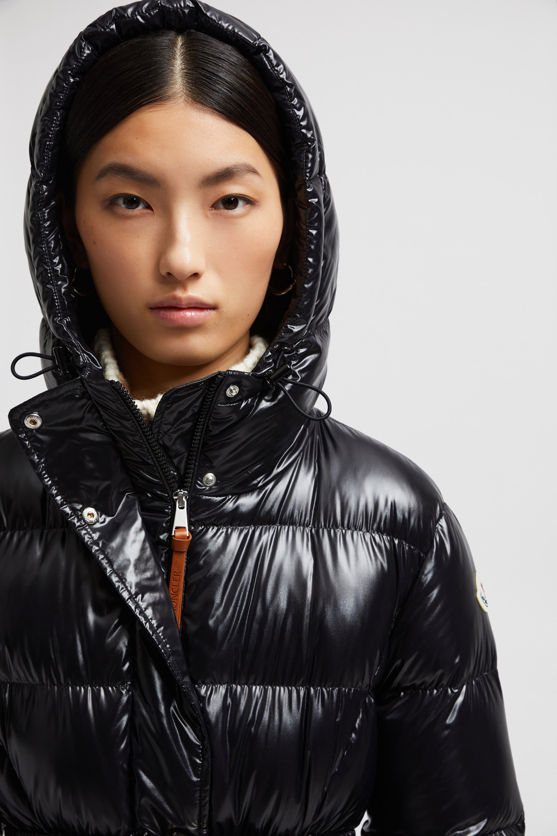 Bellevue puffer coat, Moncler black coat, luxury outerwear, winter fashion 2024, high-shine nylon coat