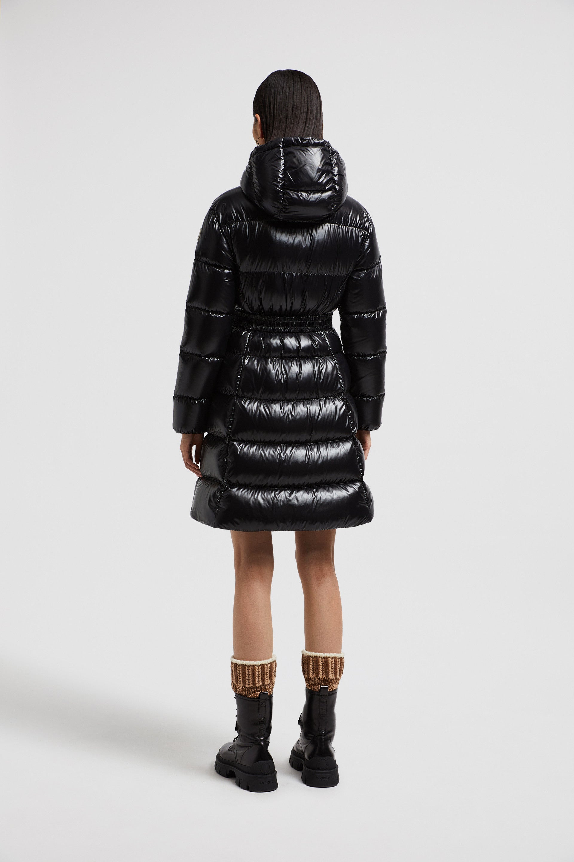 Bellevue puffer coat, Moncler black coat, luxury outerwear, winter fashion 2024, high-shine nylon coat