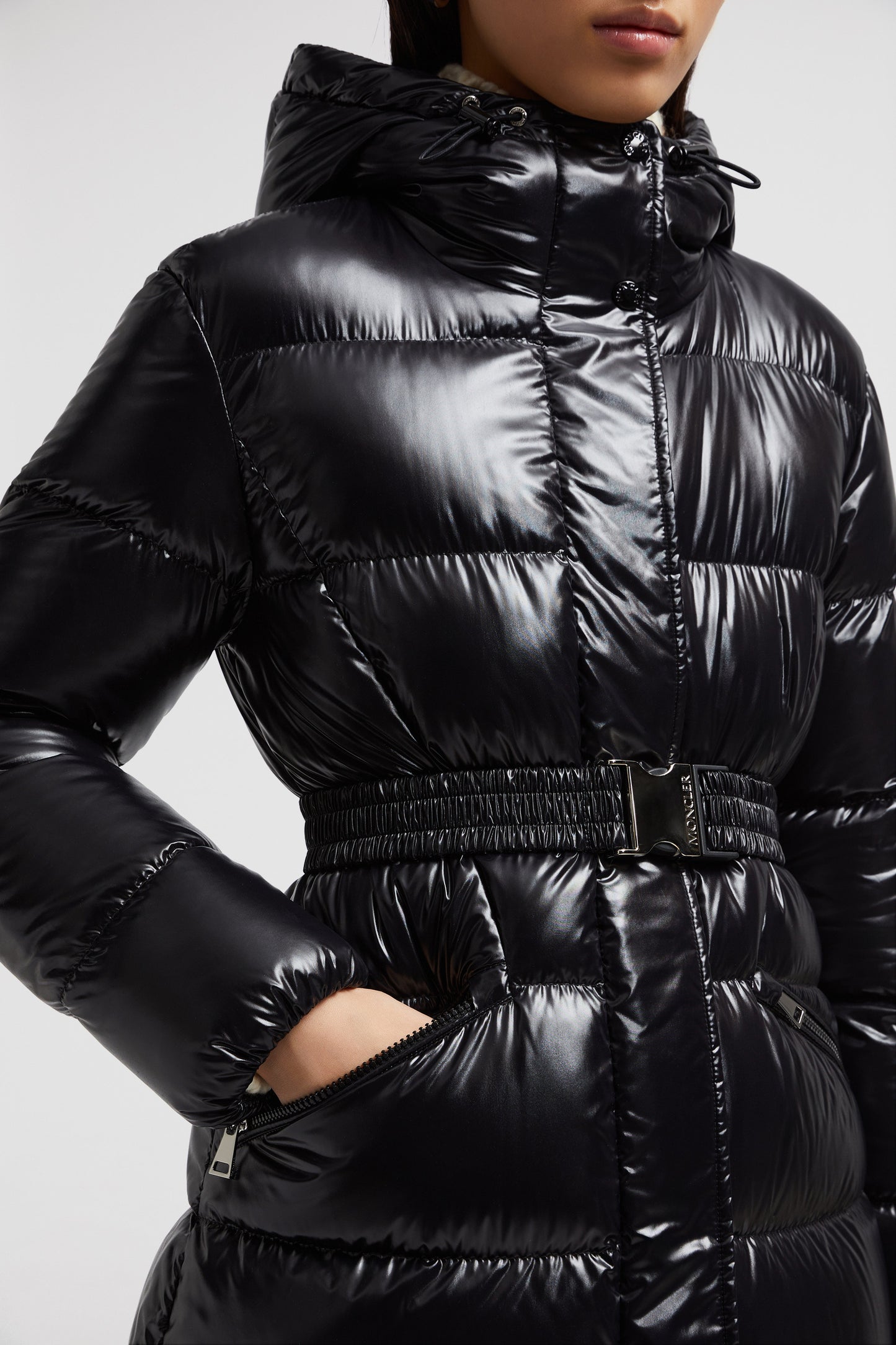 Bellevue puffer coat, Moncler black coat, luxury outerwear, winter fashion 2024, high-shine nylon coat