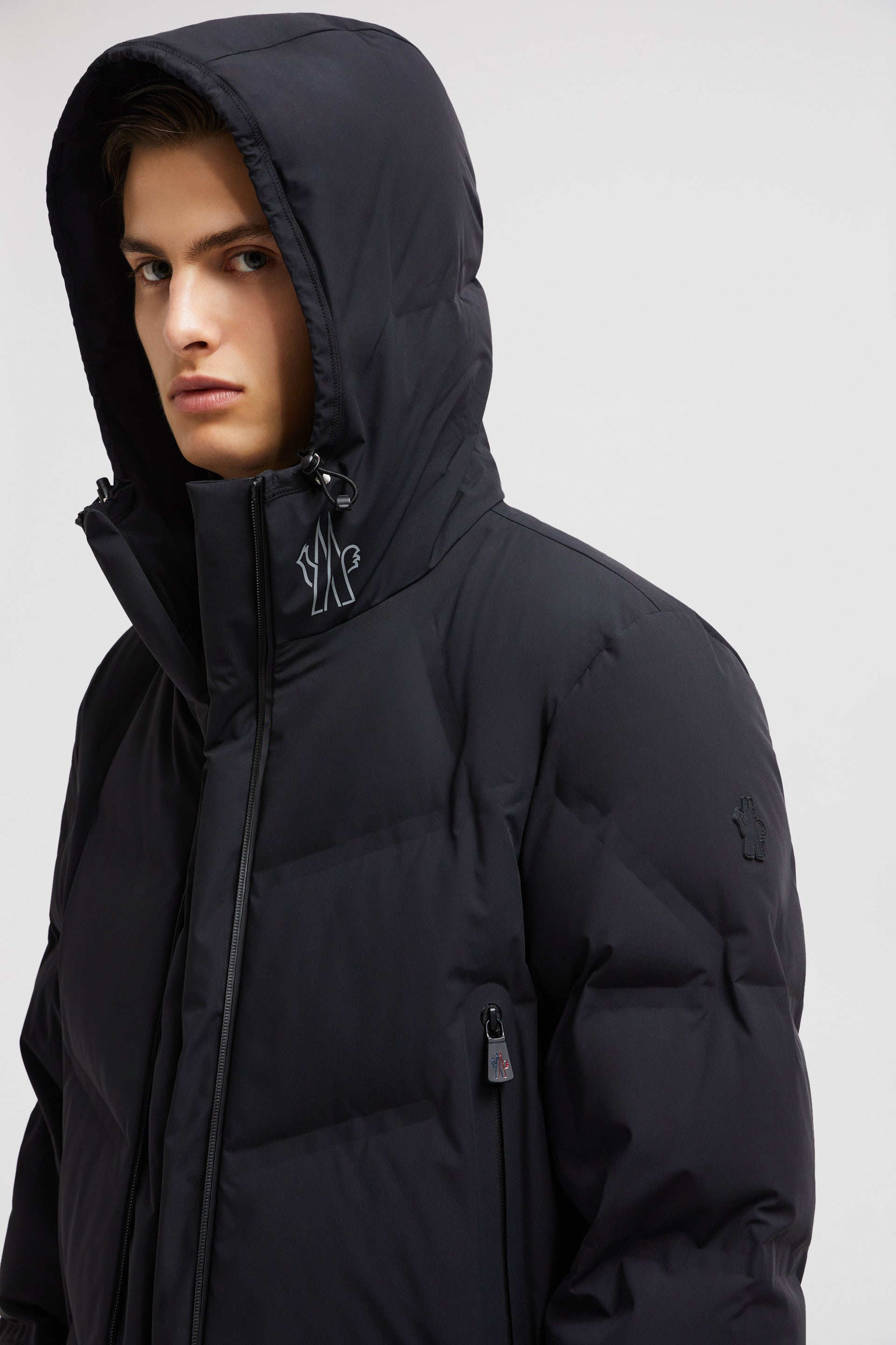 Moncler jacket, padded jacket, black nylon jacket, quilted jacket, high collar coat