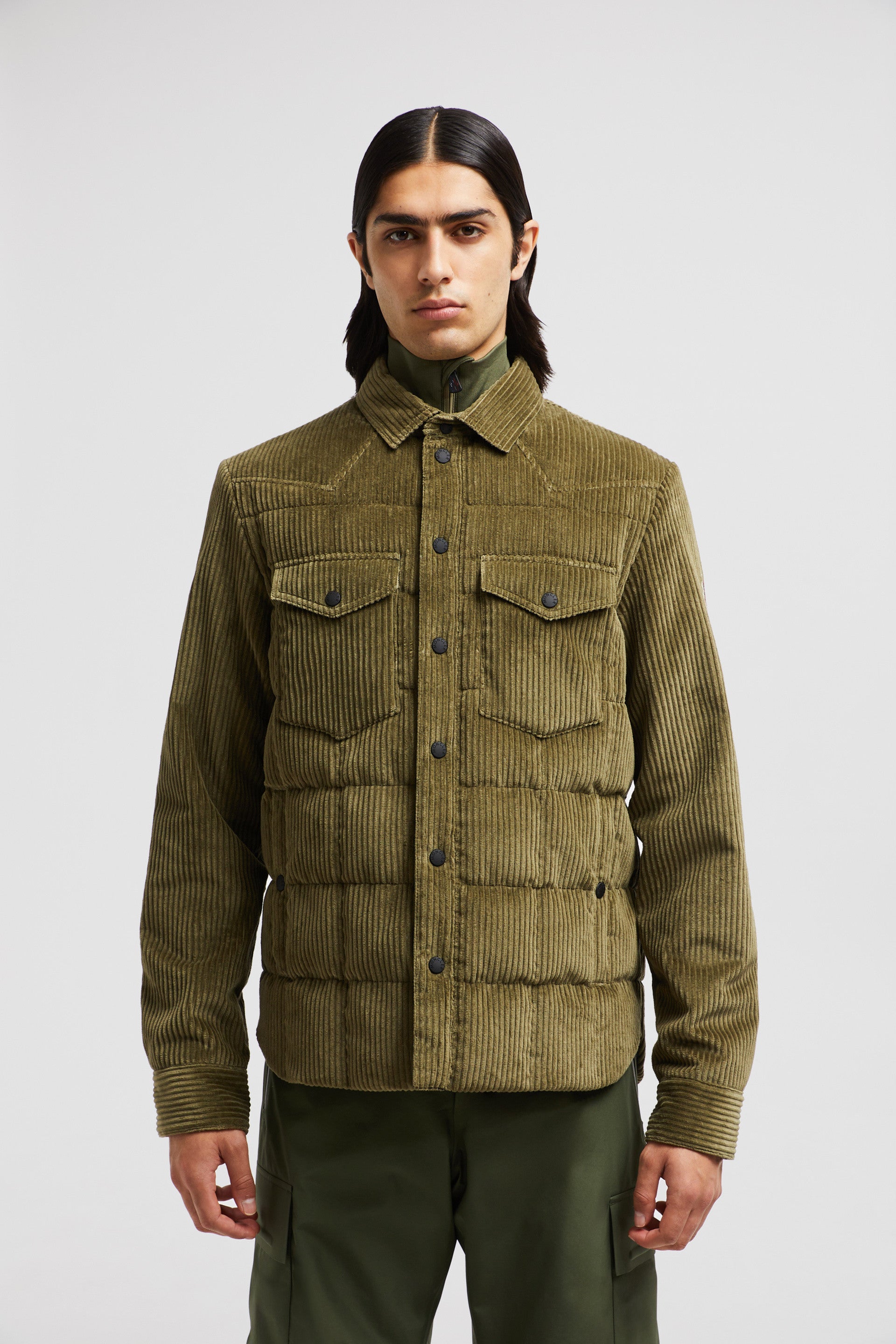 corduroy velvet overshirt, Moncler Grenoble, green overshirt, classic collar overshirt, men's fashion 2024