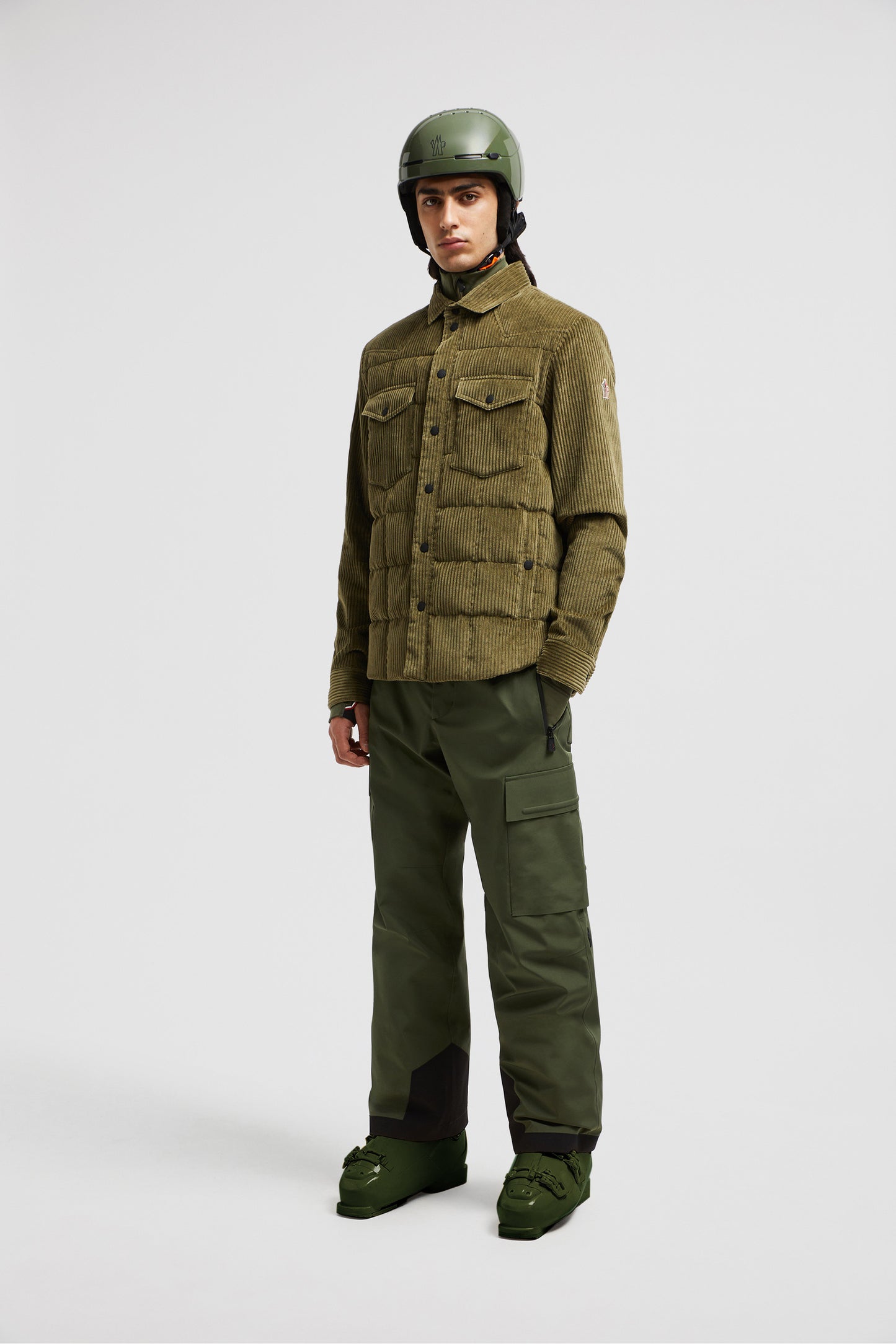 corduroy velvet overshirt, Moncler Grenoble, green overshirt, classic collar overshirt, men's fashion 2024