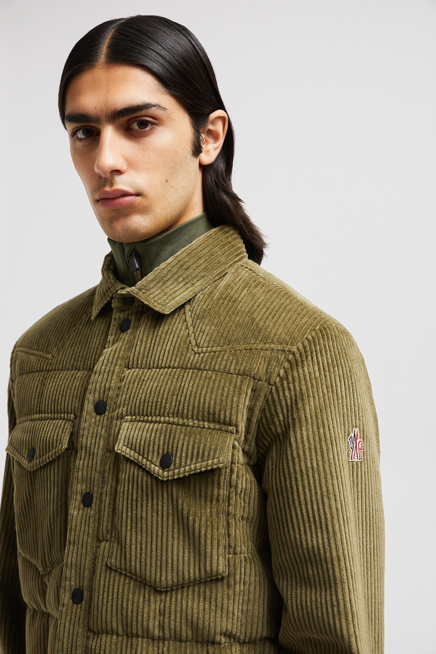 corduroy velvet overshirt, Moncler Grenoble, green overshirt, classic collar overshirt, men's fashion 2024