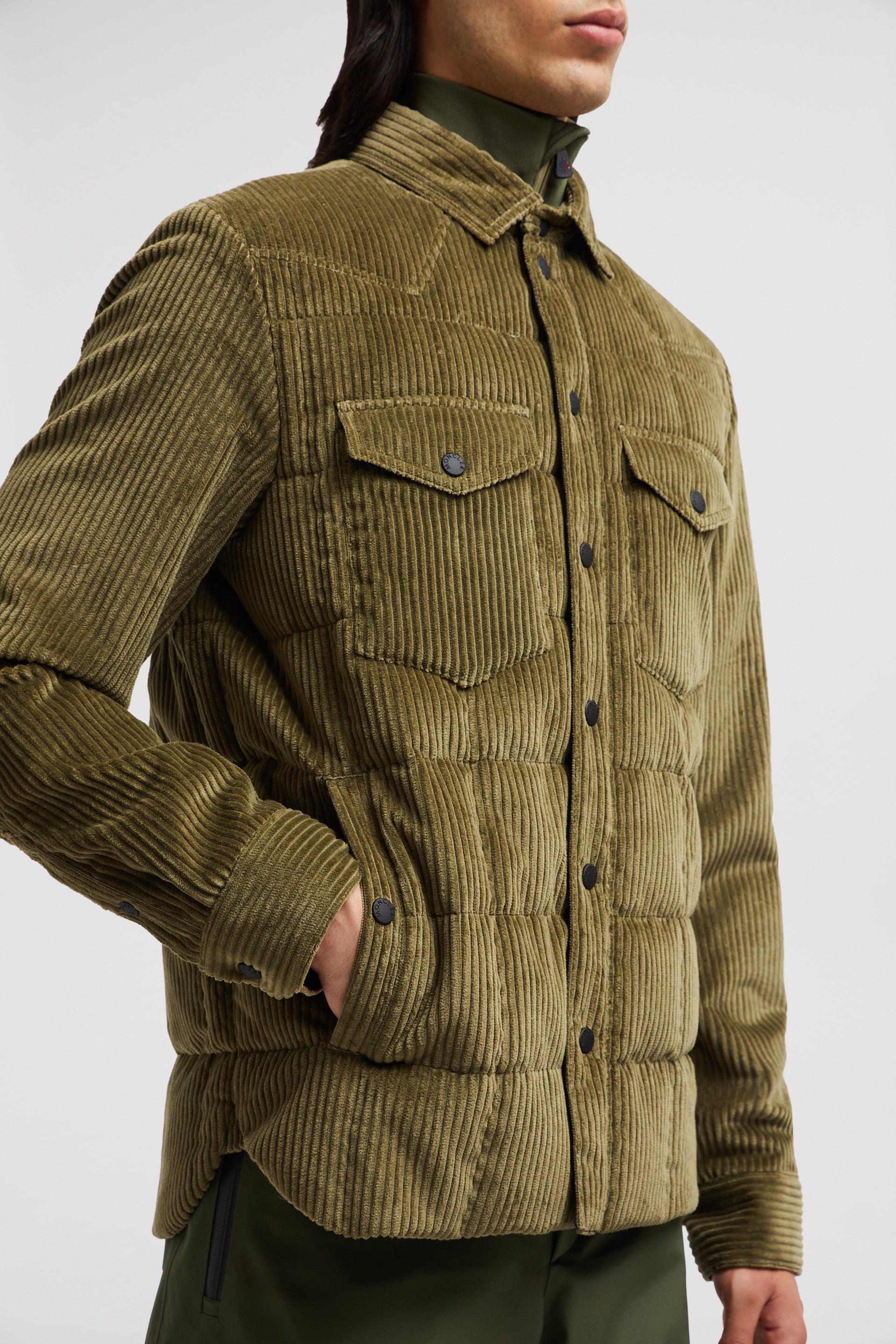 corduroy velvet overshirt, Moncler Grenoble, green overshirt, classic collar overshirt, men's fashion 2024