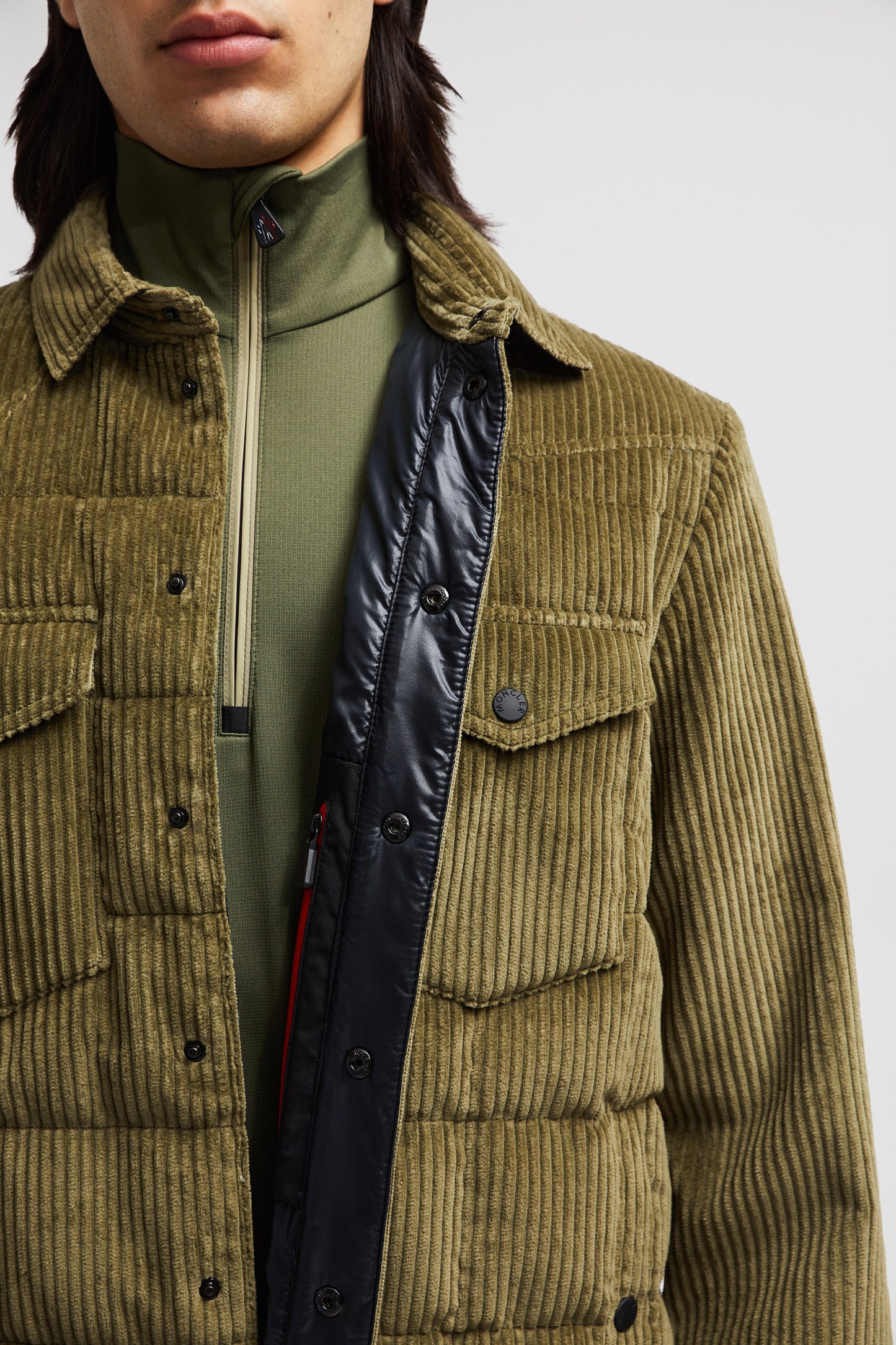 corduroy velvet overshirt, Moncler Grenoble, green overshirt, classic collar overshirt, men's fashion 2024