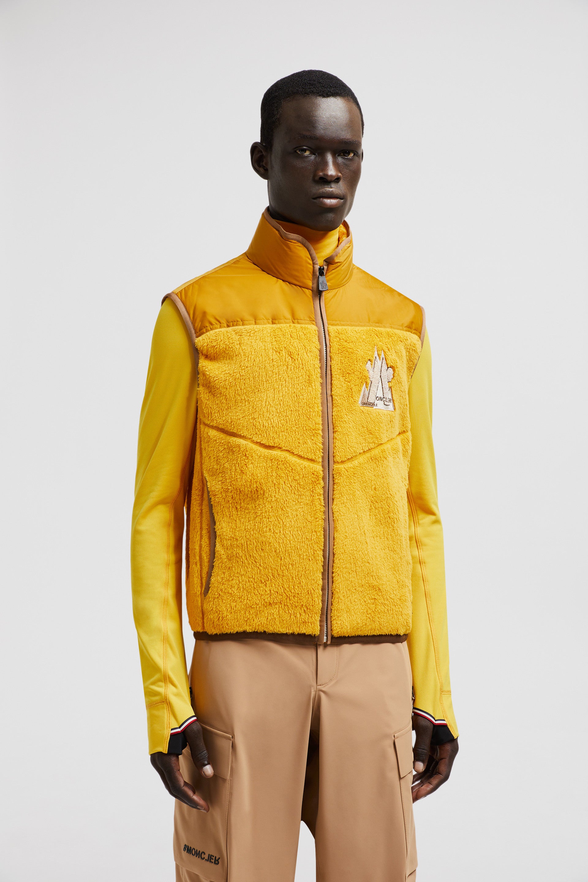 Moncler Grenoble, Yellow Sleeveless Jacket, Luxury Winter Wear, High Collar Jacket, Winter 2024 Collection