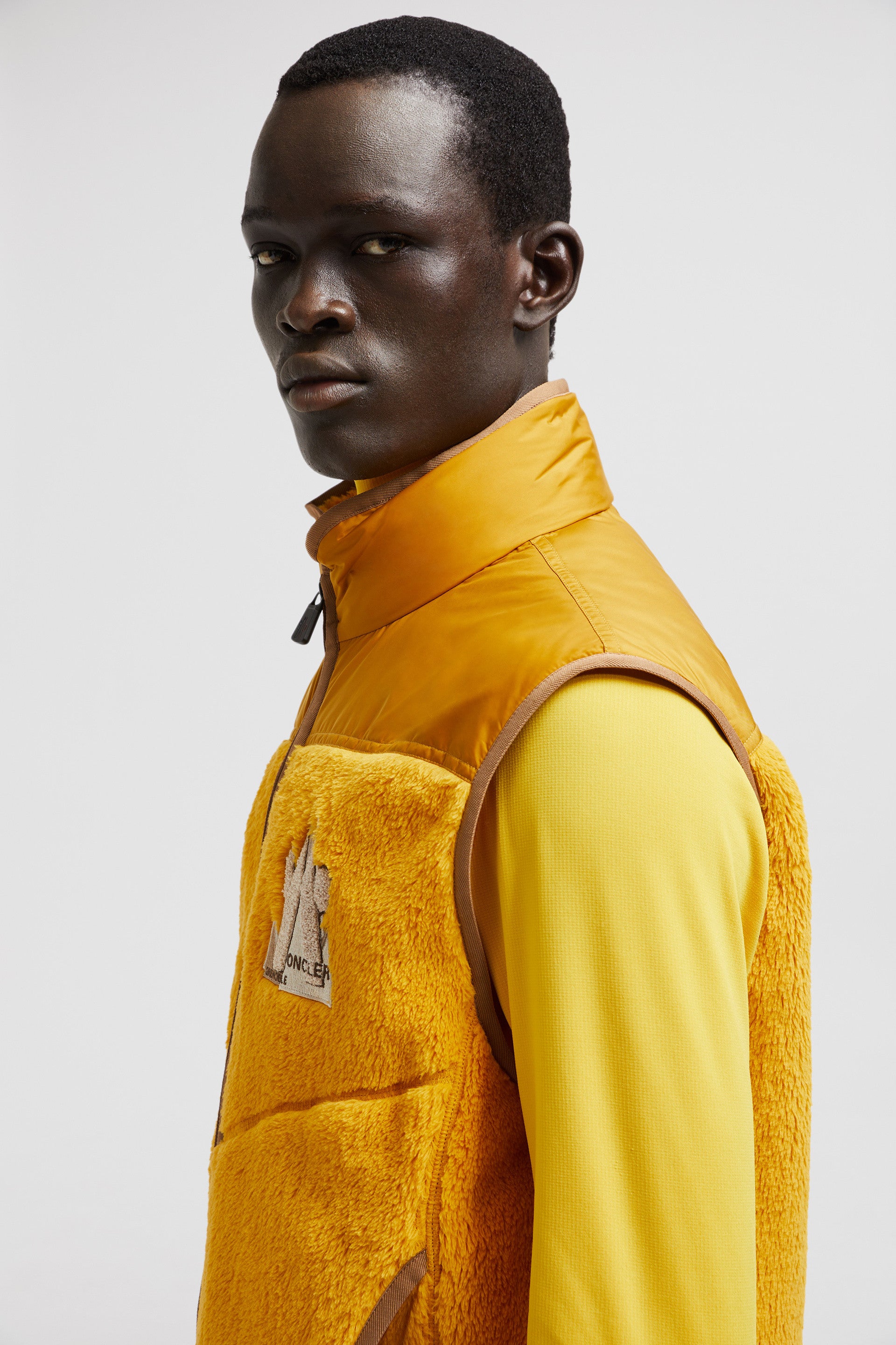 Moncler Grenoble, Yellow Sleeveless Jacket, Luxury Winter Wear, High Collar Jacket, Winter 2024 Collection