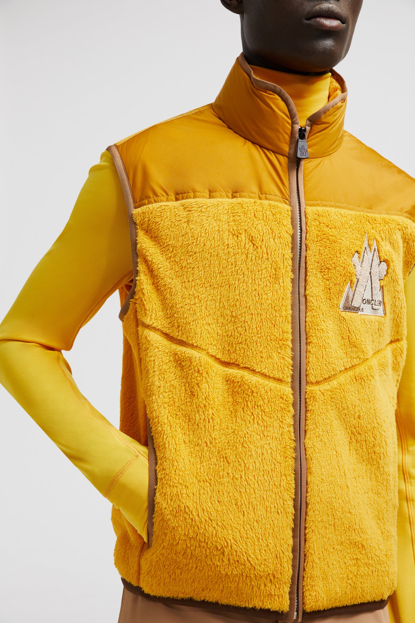 Moncler Grenoble, Yellow Sleeveless Jacket, Luxury Winter Wear, High Collar Jacket, Winter 2024 Collection