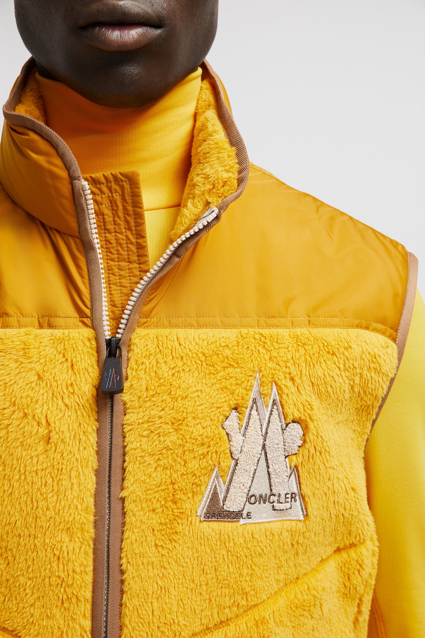 Moncler Grenoble, Yellow Sleeveless Jacket, Luxury Winter Wear, High Collar Jacket, Winter 2024 Collection