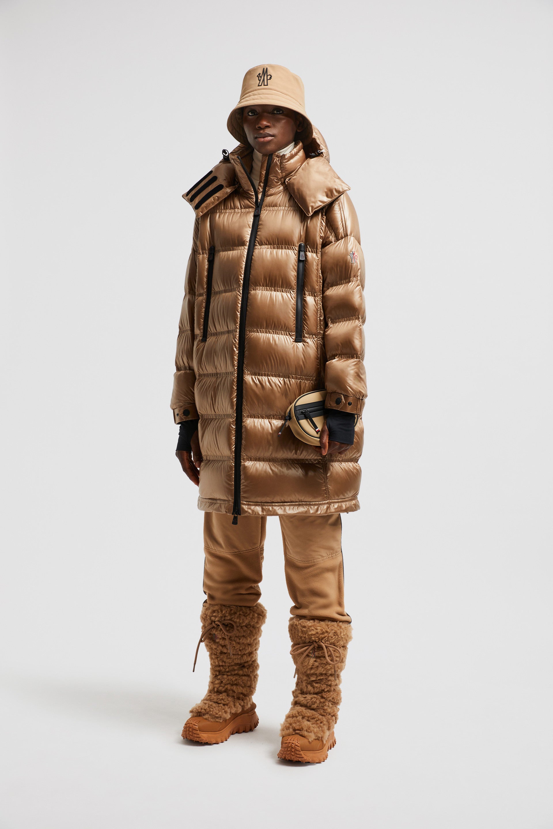 long puffer coat, Moncler Grenoble, high-neck coat, beige winter coat, women's luxury outerwear