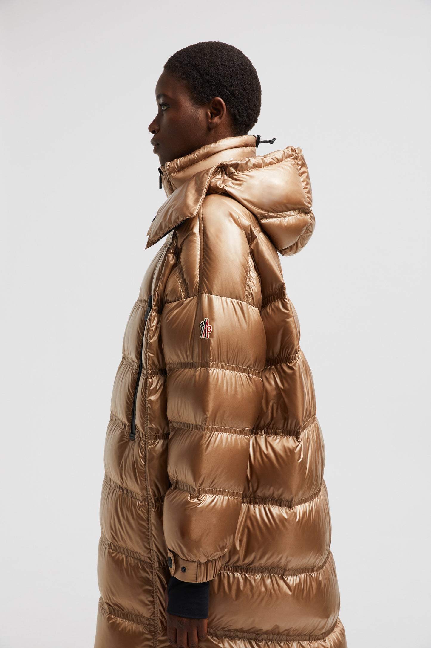 long puffer coat, Moncler Grenoble, high-neck coat, beige winter coat, women's luxury outerwear