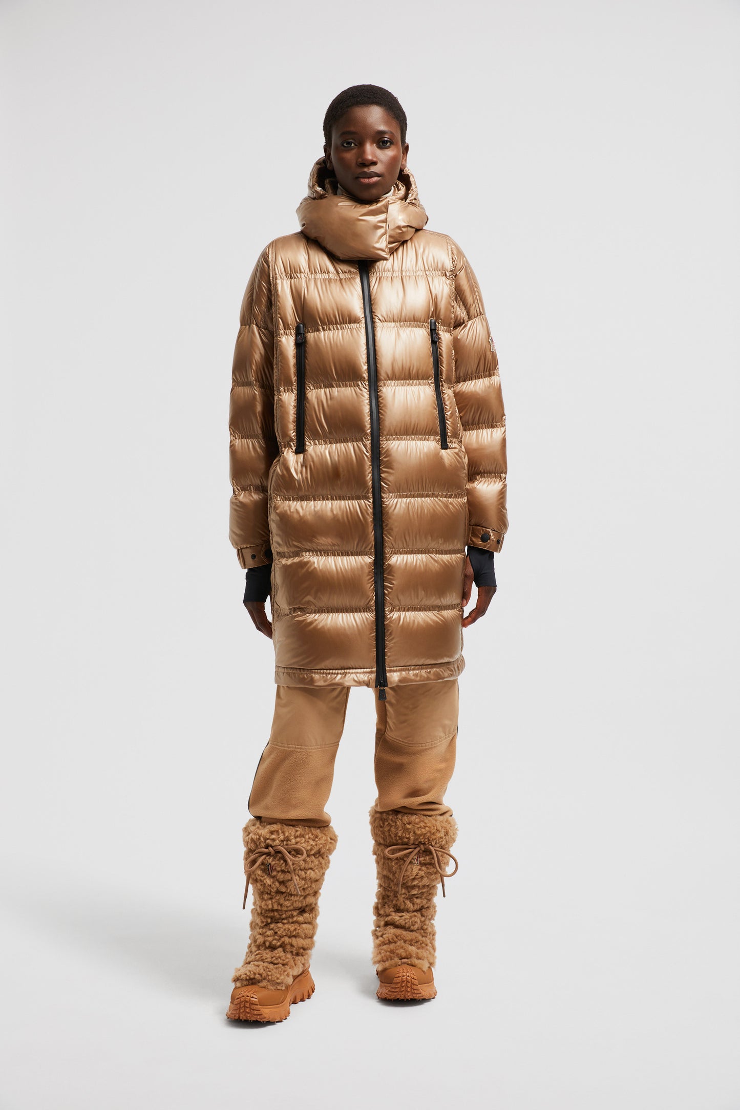 long puffer coat, Moncler Grenoble, high-neck coat, beige winter coat, women's luxury outerwear