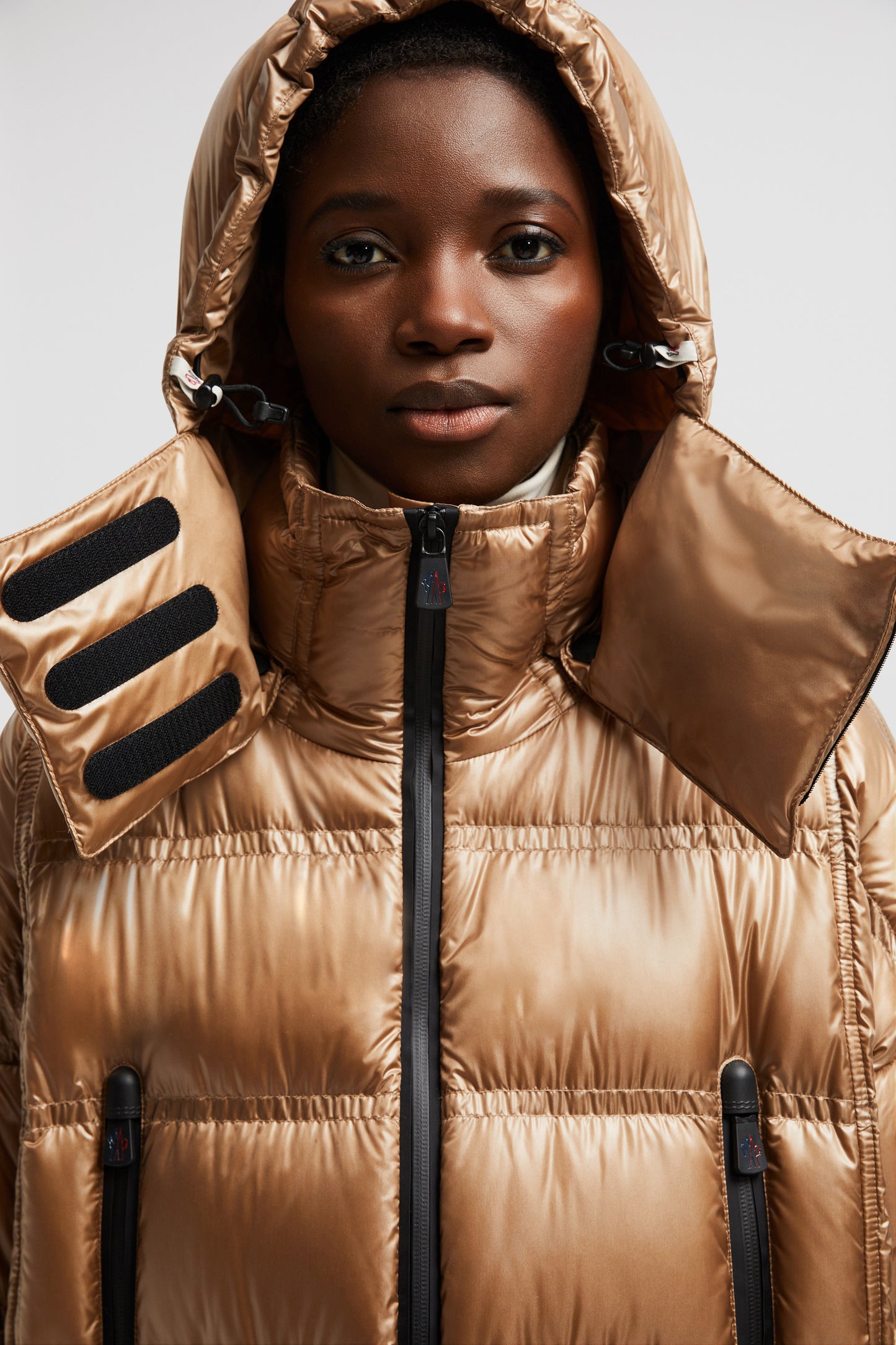 long puffer coat, Moncler Grenoble, high-neck coat, beige winter coat, women's luxury outerwear