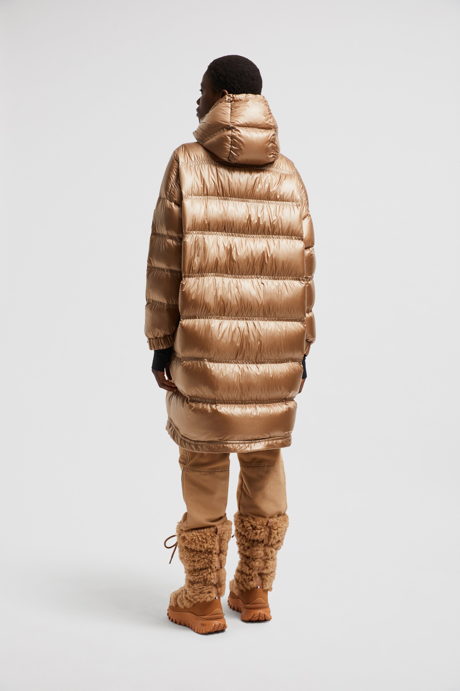 long puffer coat, Moncler Grenoble, high-neck coat, beige winter coat, women's luxury outerwear