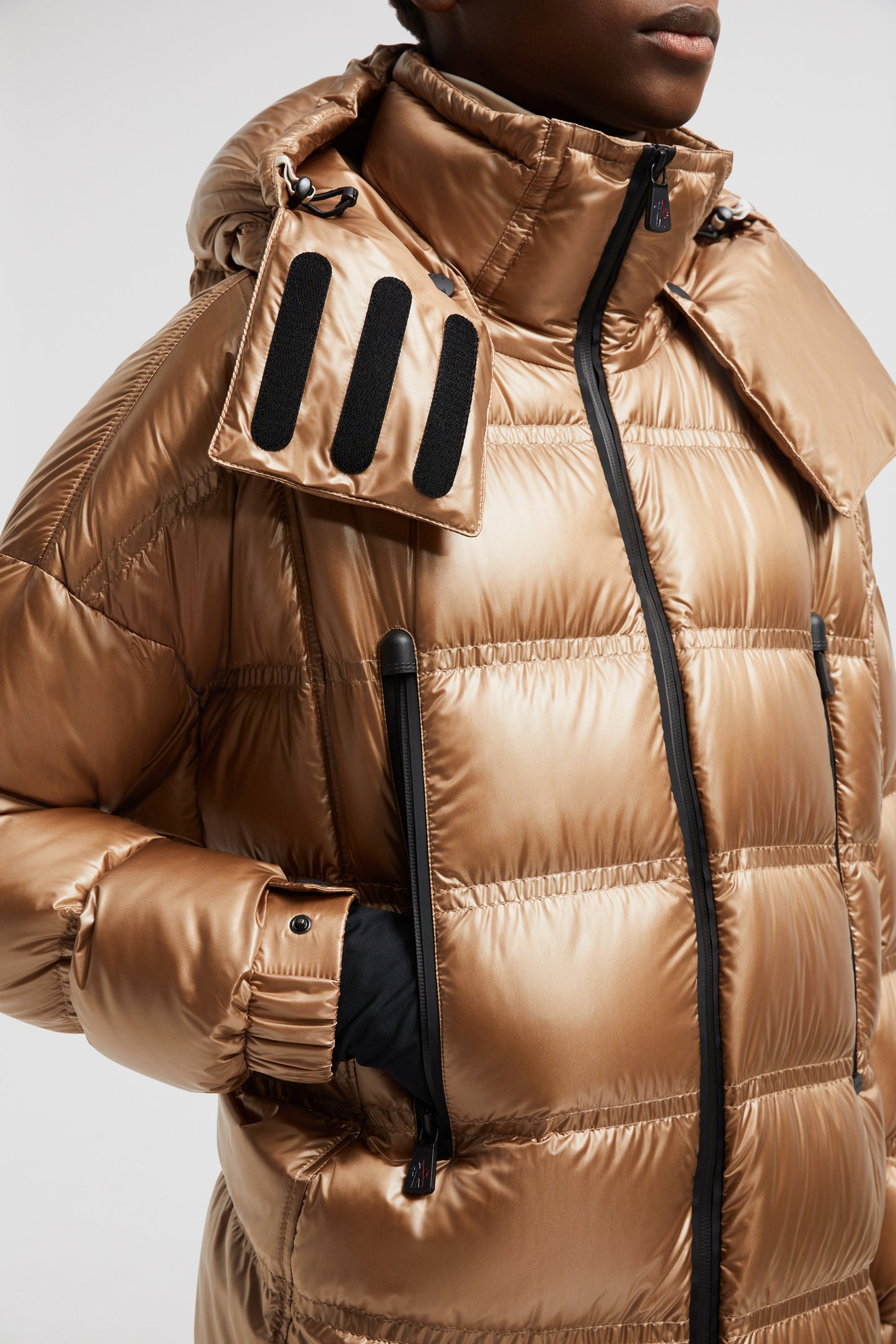 long puffer coat, Moncler Grenoble, high-neck coat, beige winter coat, women's luxury outerwear