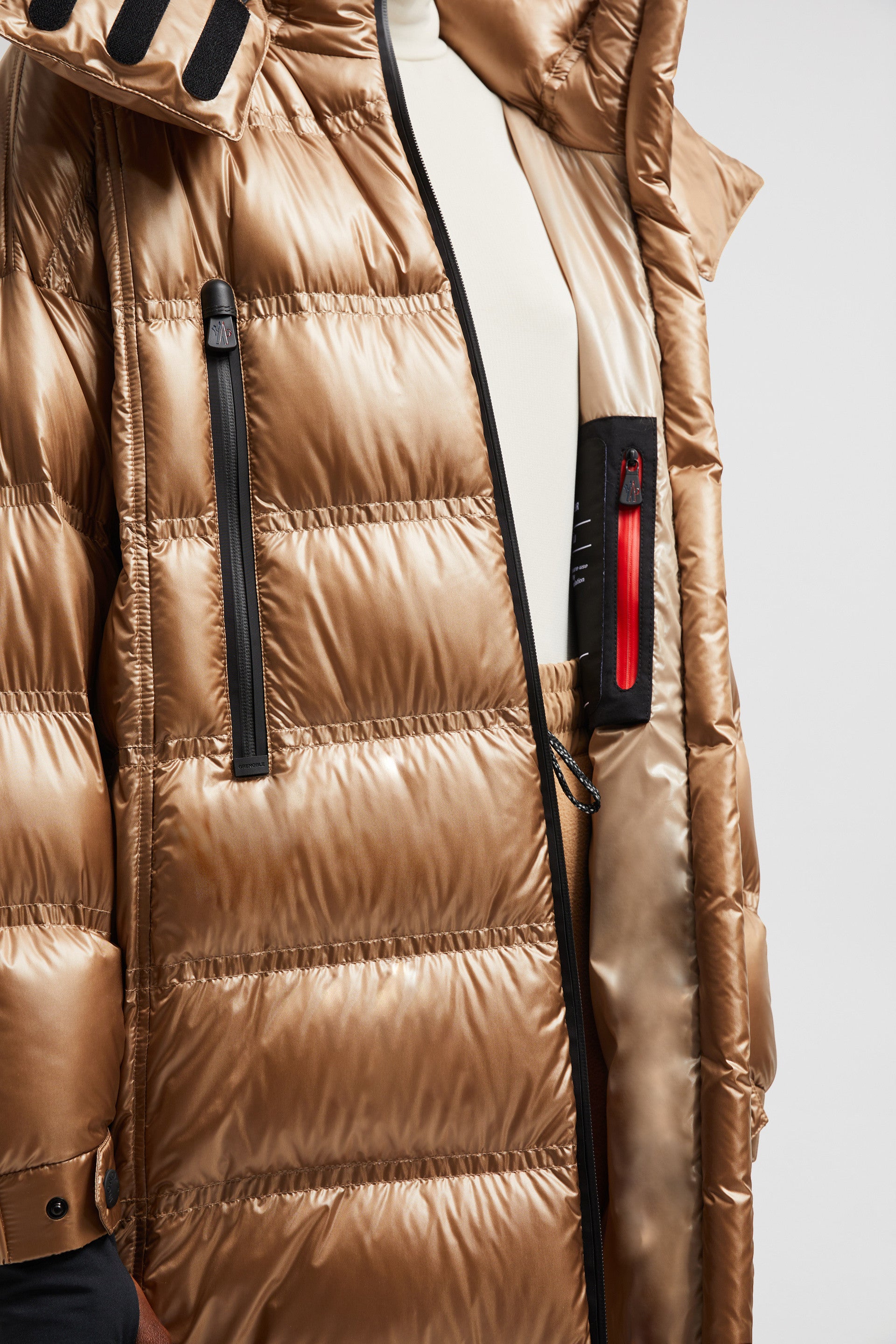 long puffer coat, Moncler Grenoble, high-neck coat, beige winter coat, women's luxury outerwear